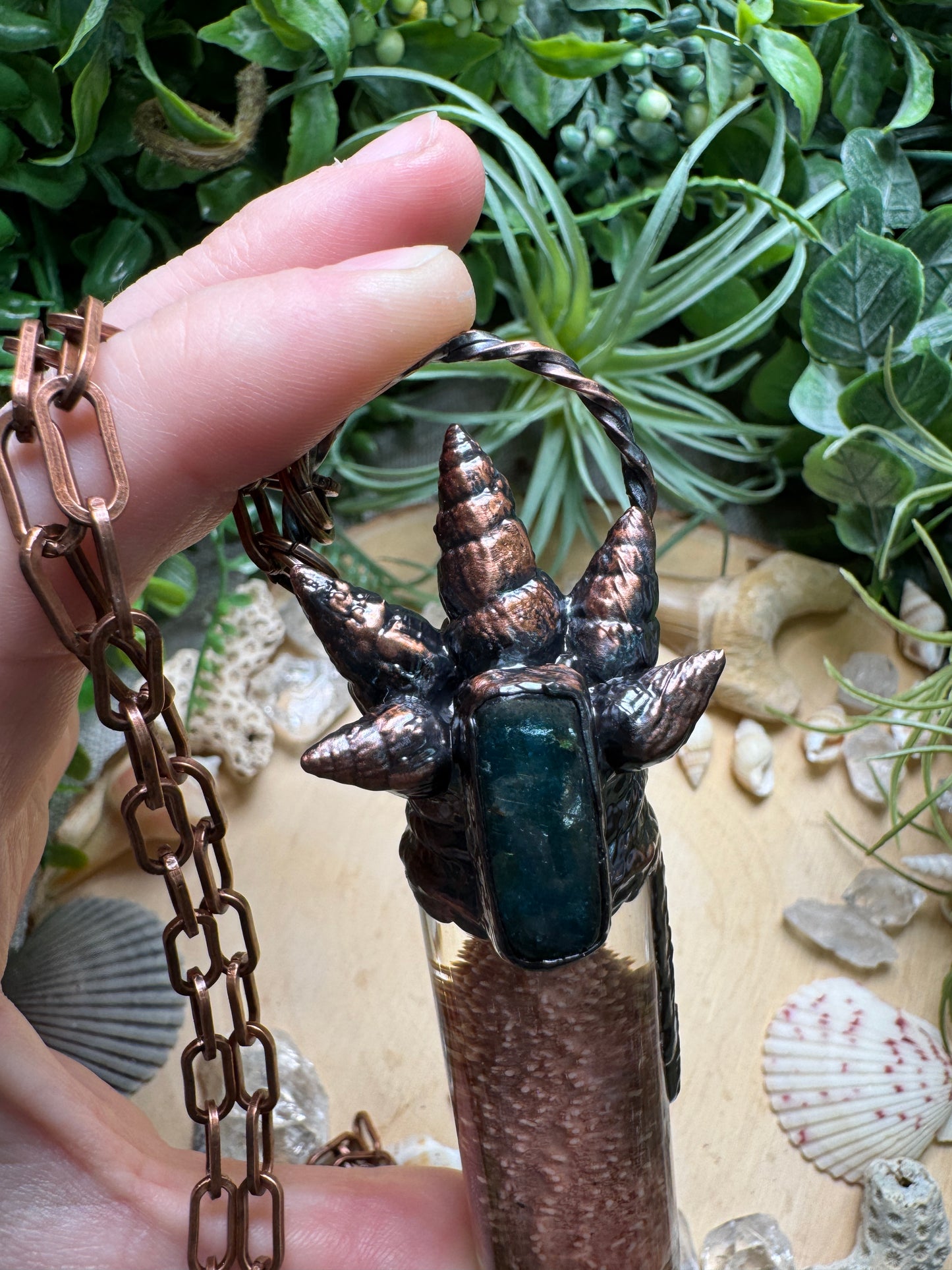 Blue Apatite, Shell, and Starfish Arm Oddity Vial Necklace