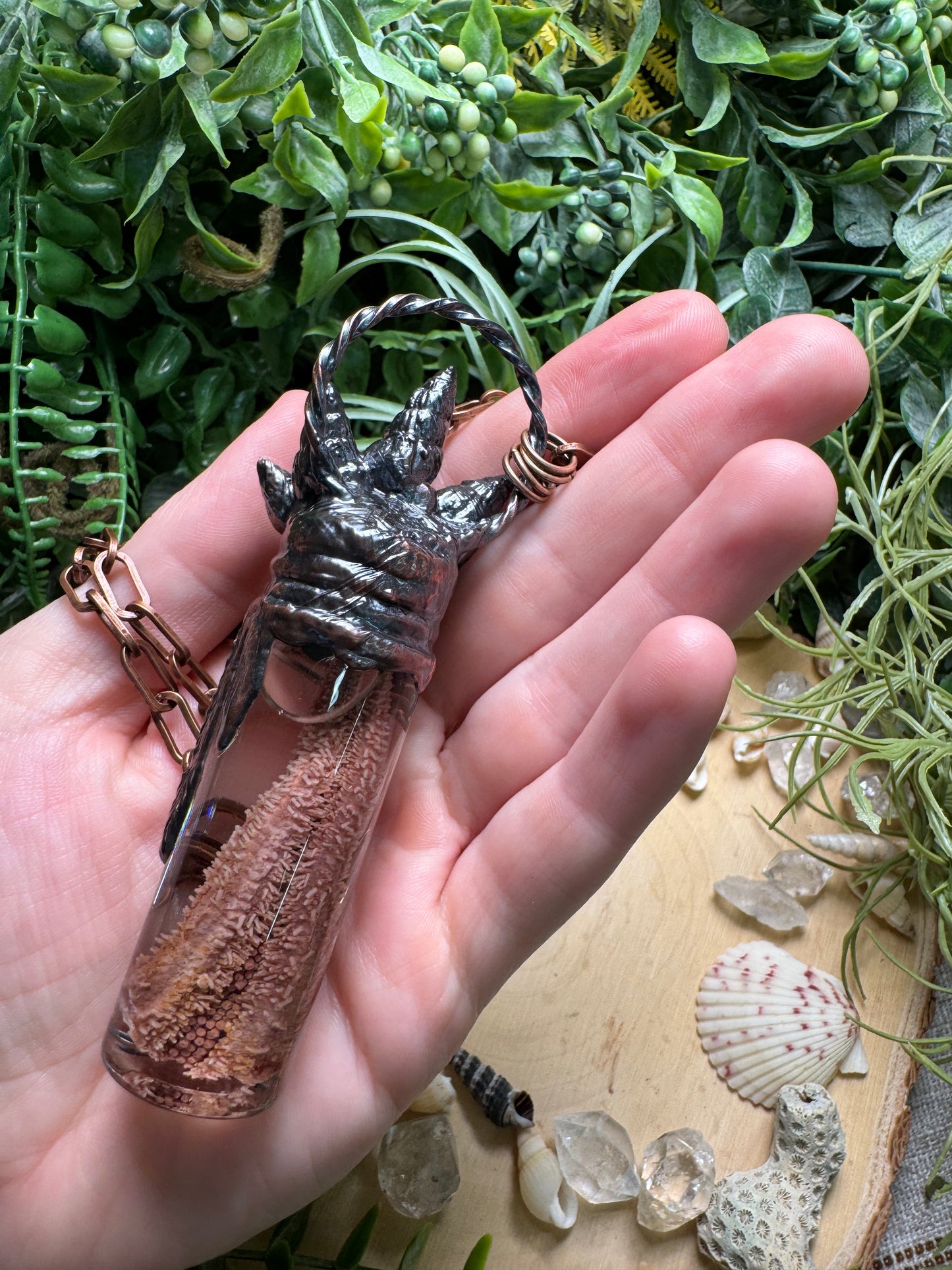 Blue Apatite, Shell, and Starfish Arm Oddity Vial Necklace