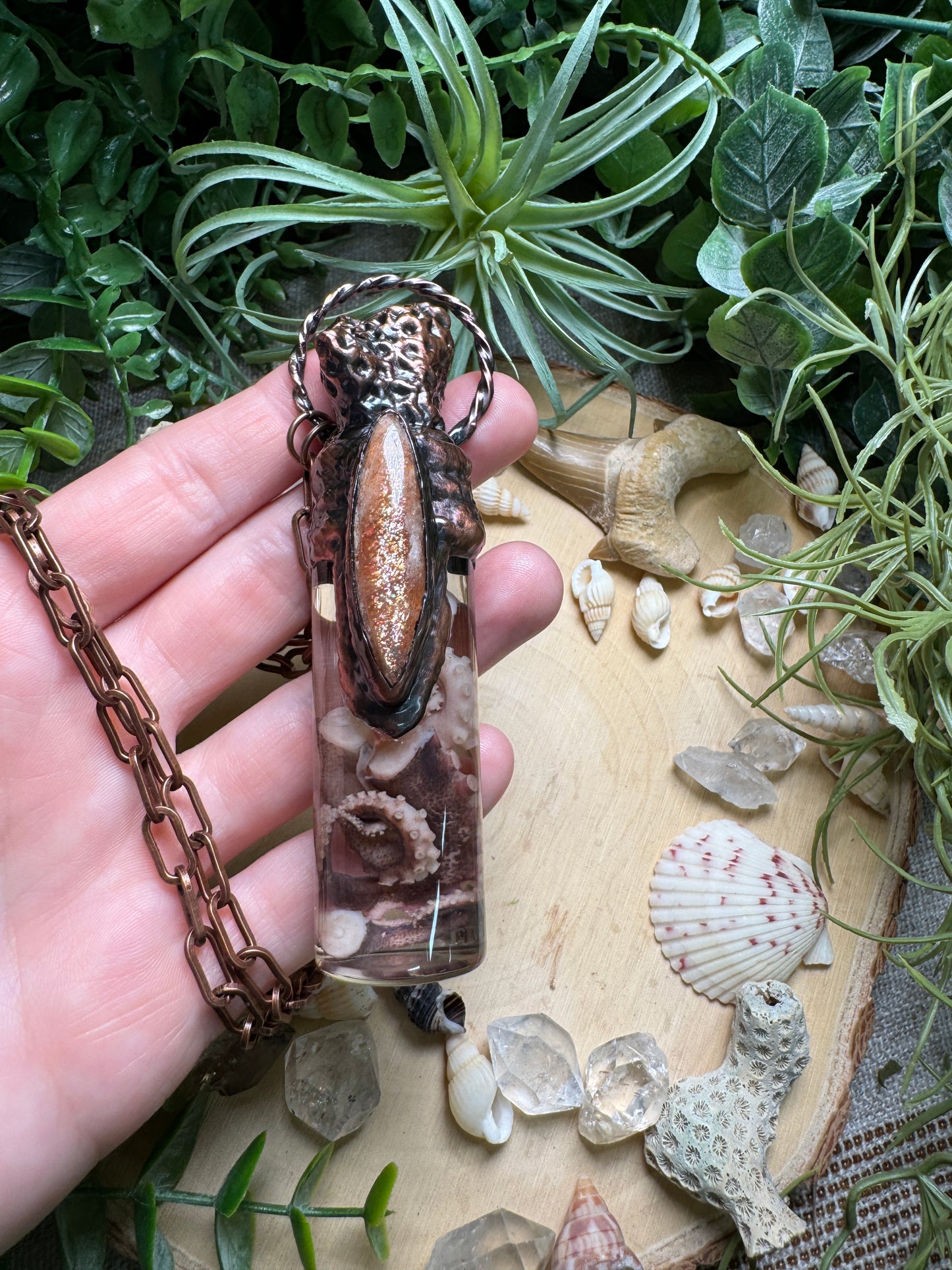 Sunstone, Coral, and Octopus Tentacle Oddity Vial Necklace