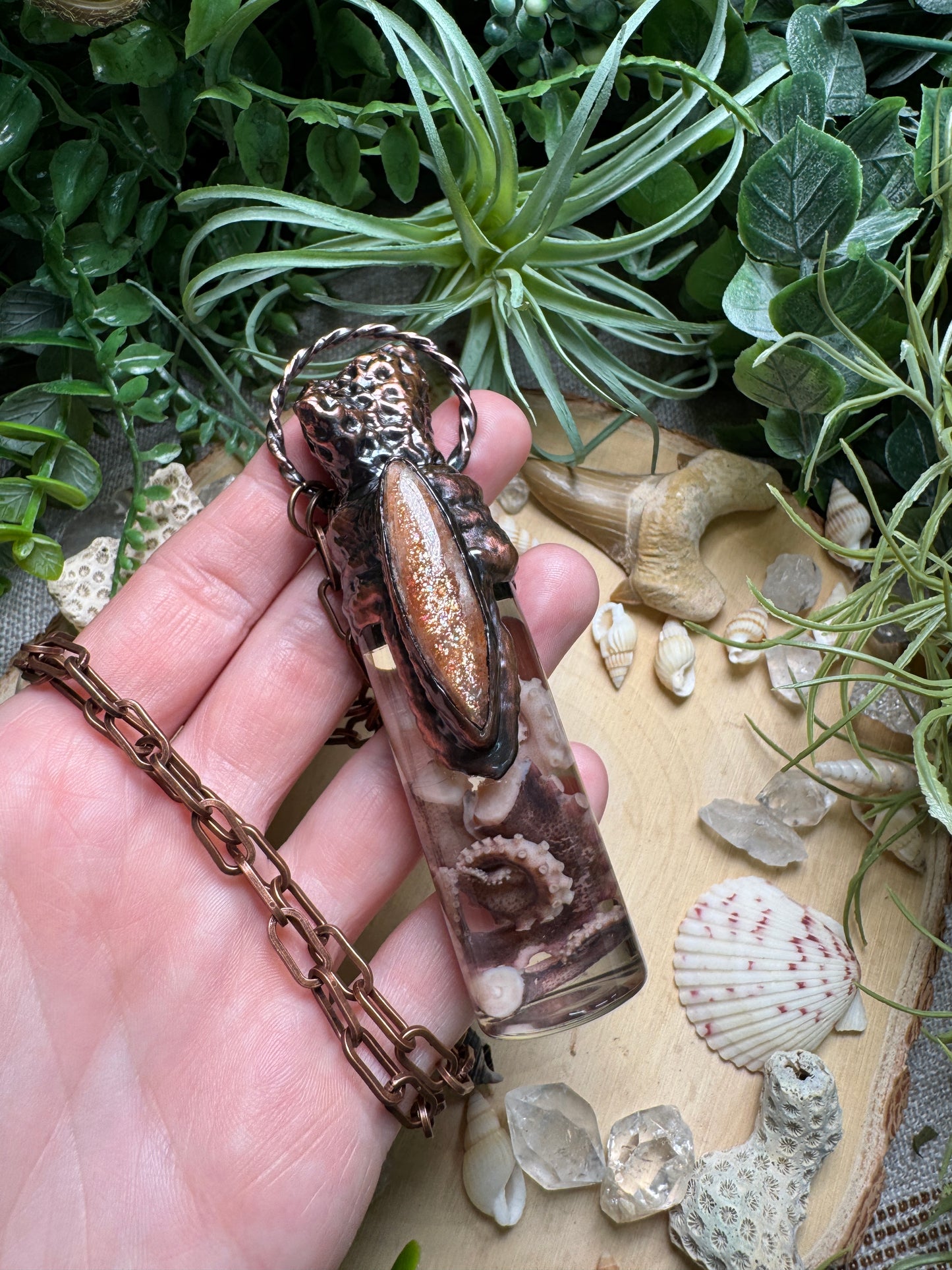 Sunstone, Coral, and Octopus Tentacle Oddity Vial Necklace