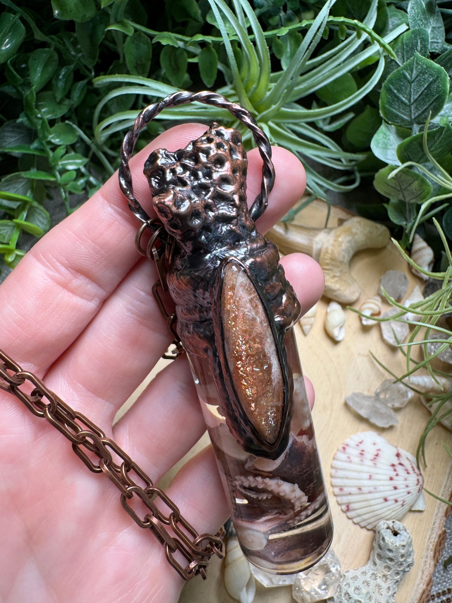 Sunstone, Coral, and Octopus Tentacle Oddity Vial Necklace