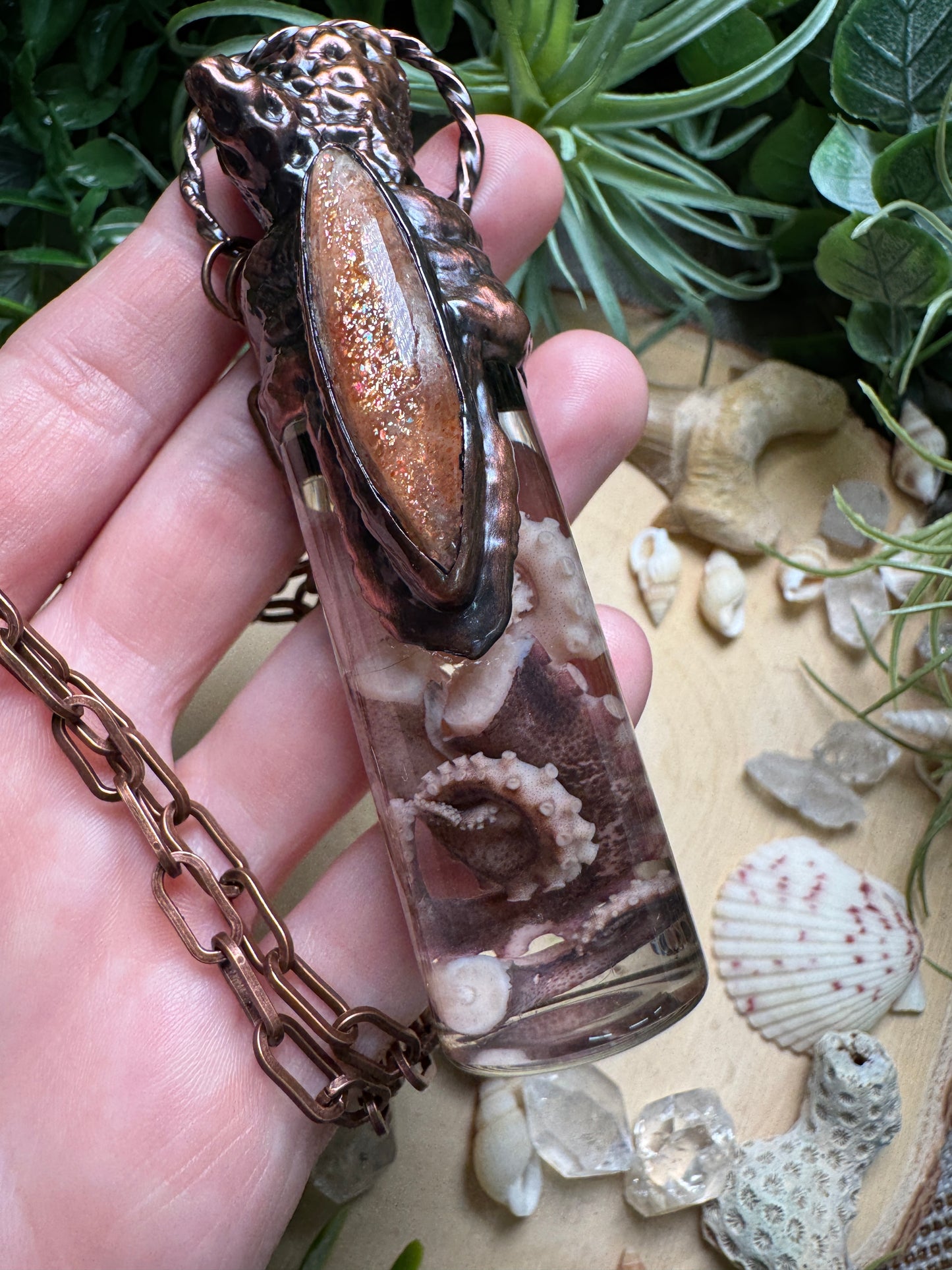 Sunstone, Coral, and Octopus Tentacle Oddity Vial Necklace
