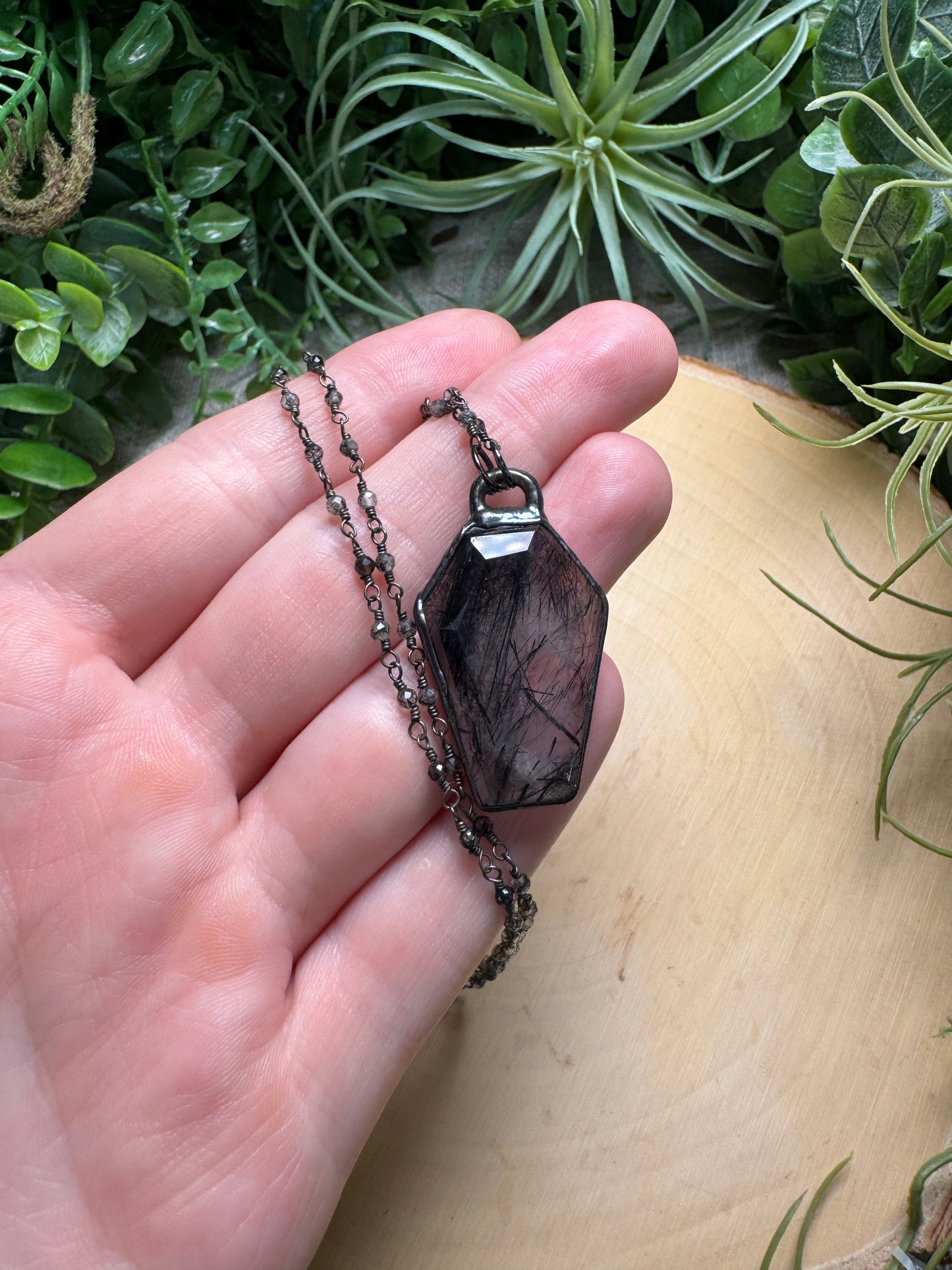 Black Rutile Quartz Coffin Necklace
