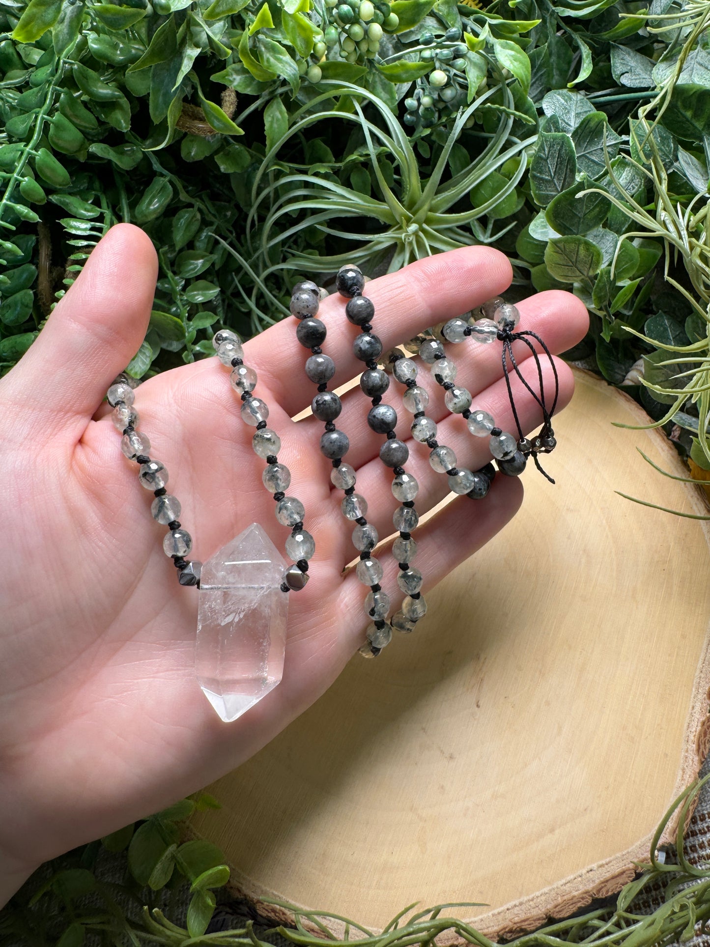 Clear Quartz Mala with Prehnite and Larvikite Beads (pre-loved)