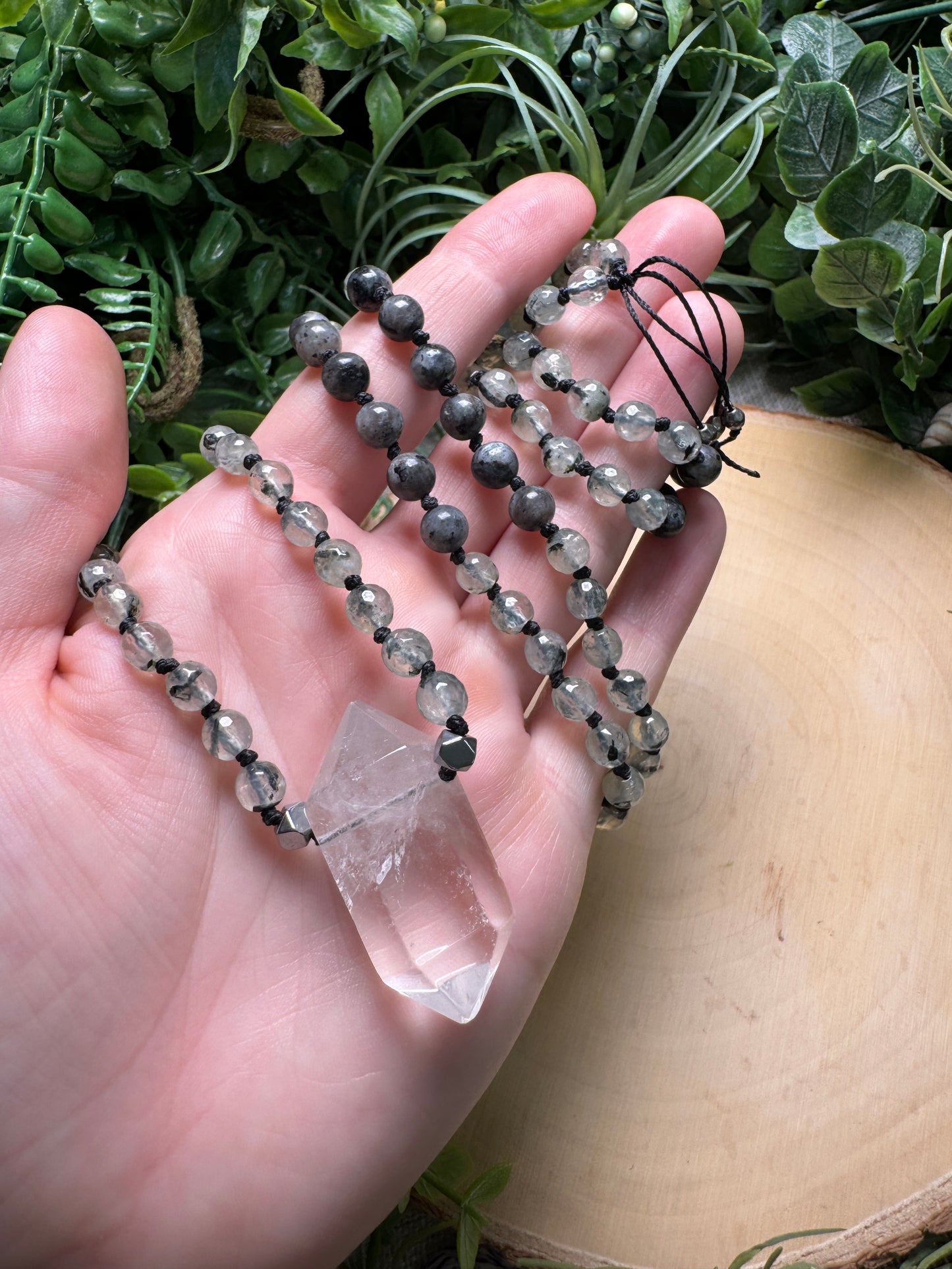 Clear Quartz Mala with Prehnite and Larvikite Beads (pre-loved)
