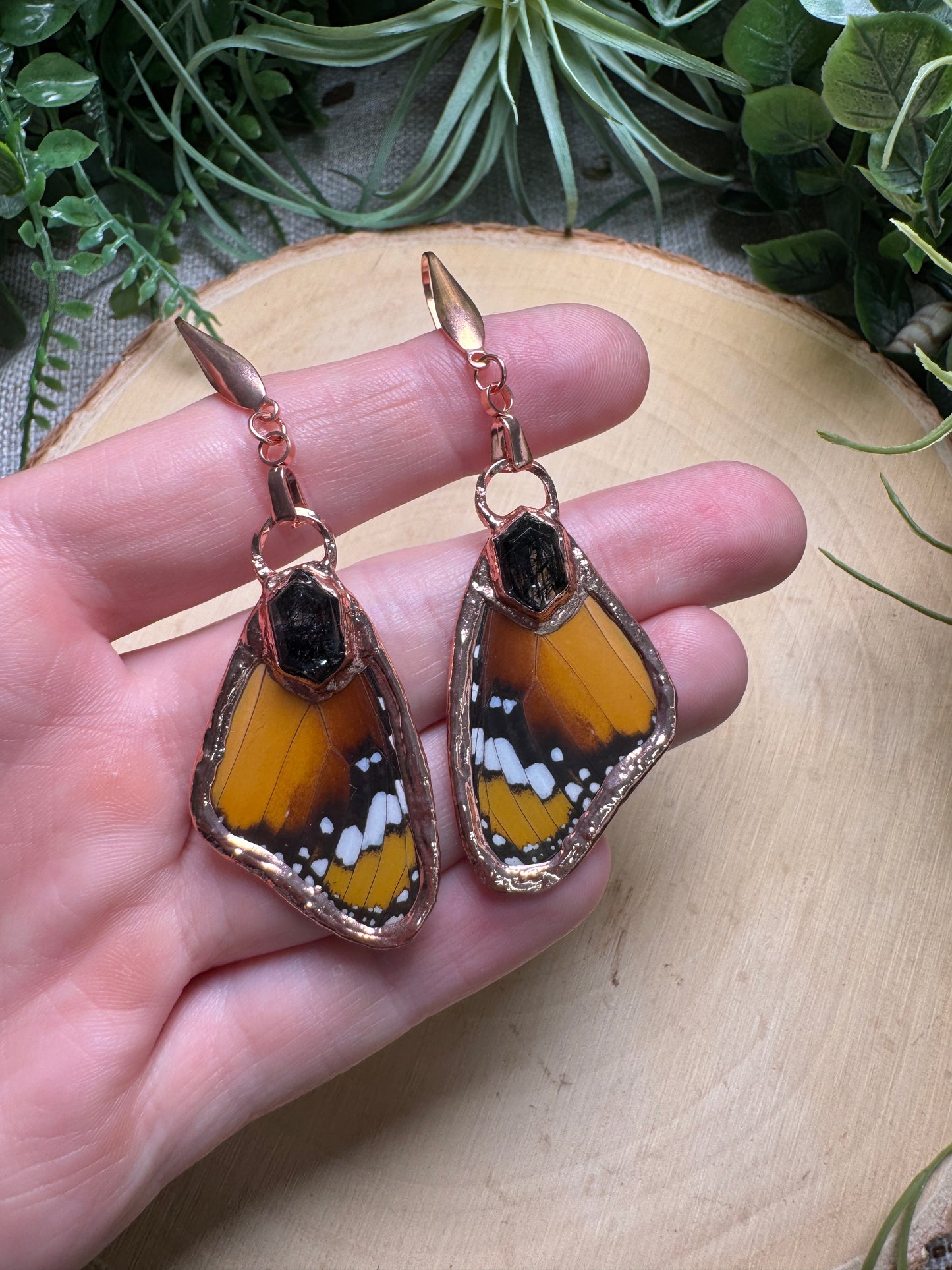 Black Rutile Quartz and Butterfly Wing Earrings