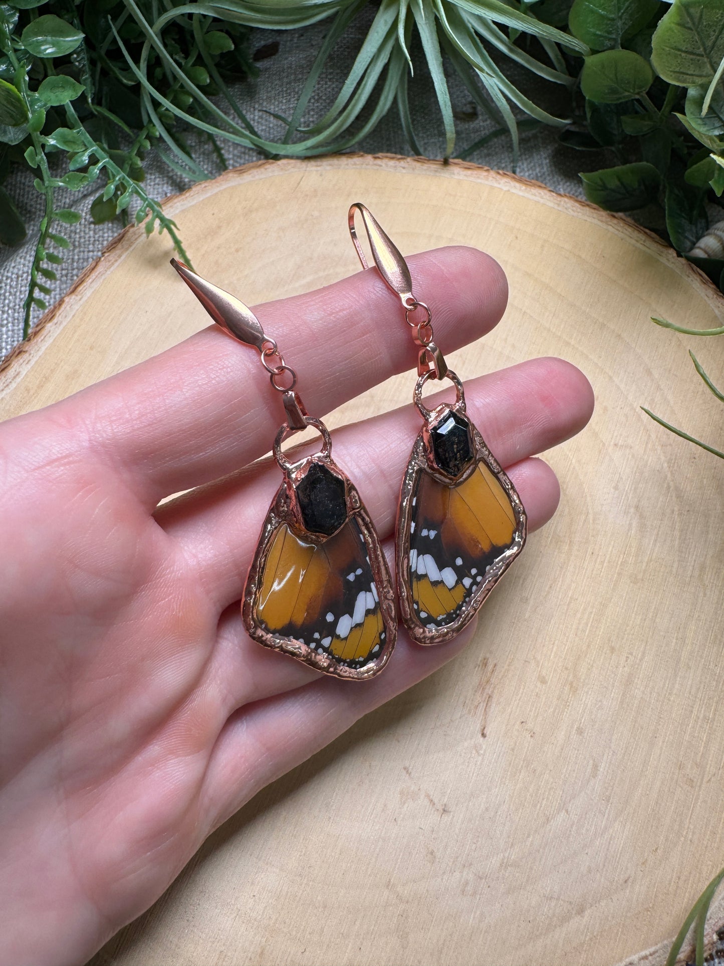 Black Rutile Quartz and Butterfly Wing Earrings