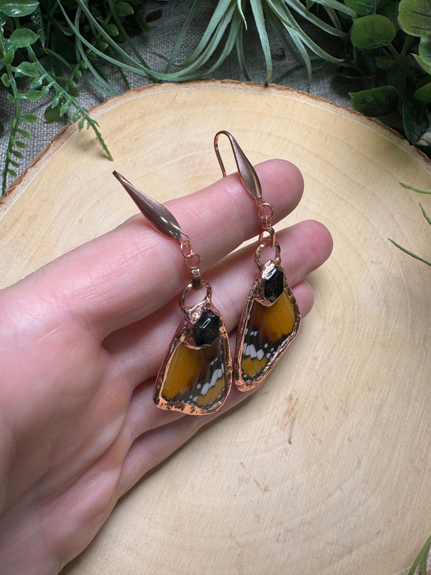 Black Rutile Quartz and Butterfly Wing Earrings