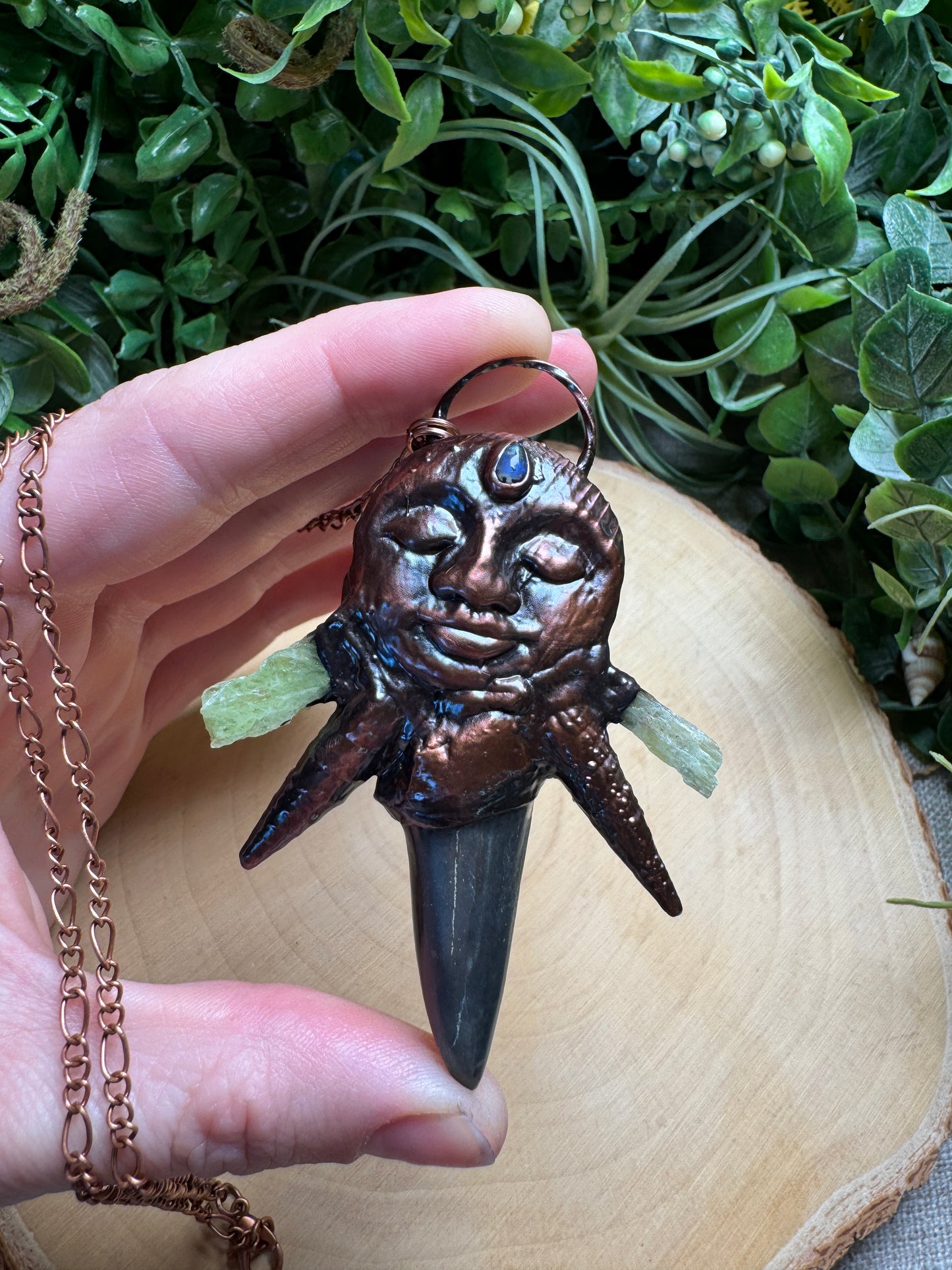 Charlotte- Shark's Tooth, Moonstone, Shell, and Green Kyanite Goddess Necklace