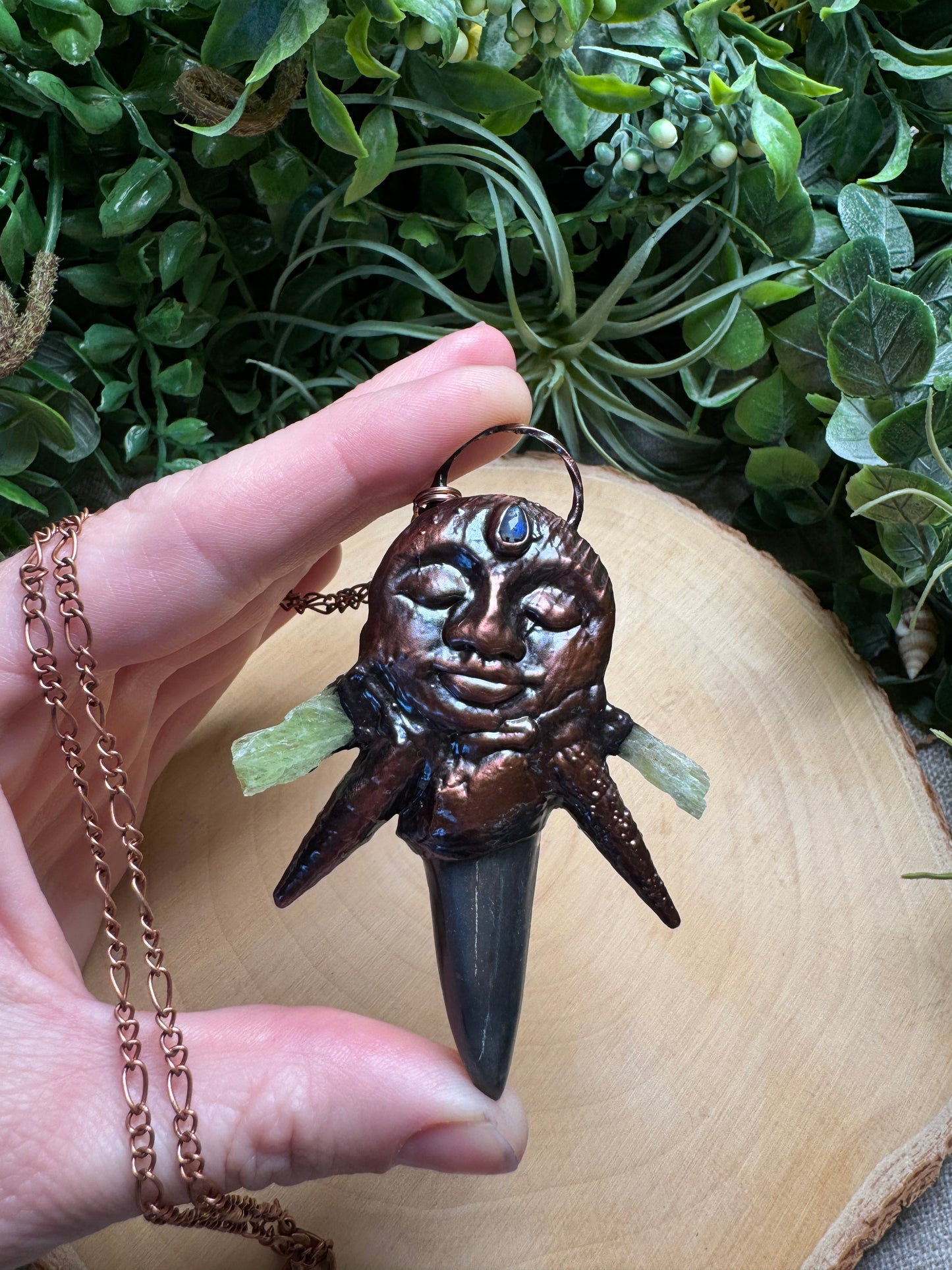 Charlotte- Shark's Tooth, Moonstone, Shell, and Green Kyanite Goddess Necklace