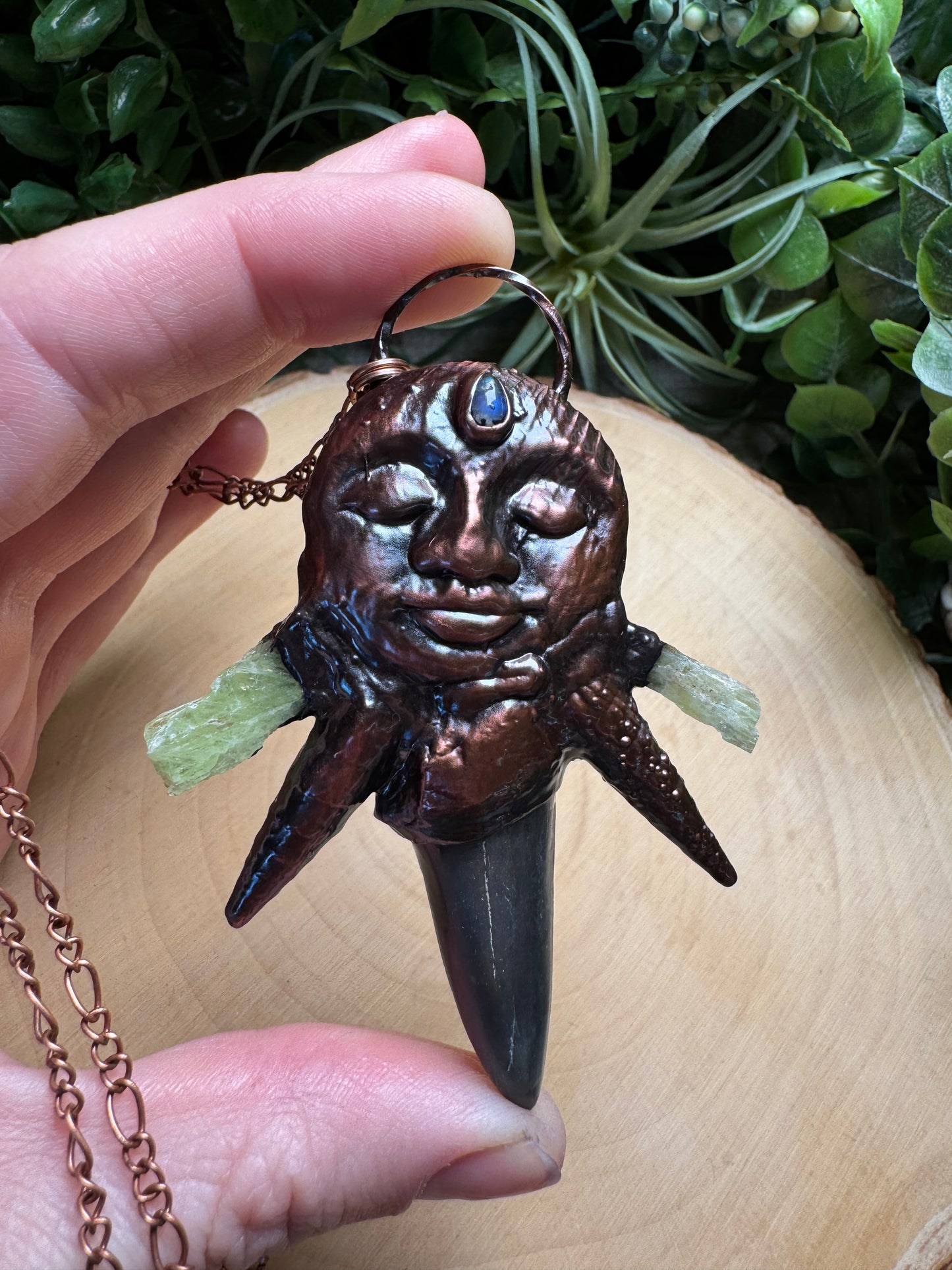Charlotte- Shark's Tooth, Moonstone, Shell, and Green Kyanite Goddess Necklace