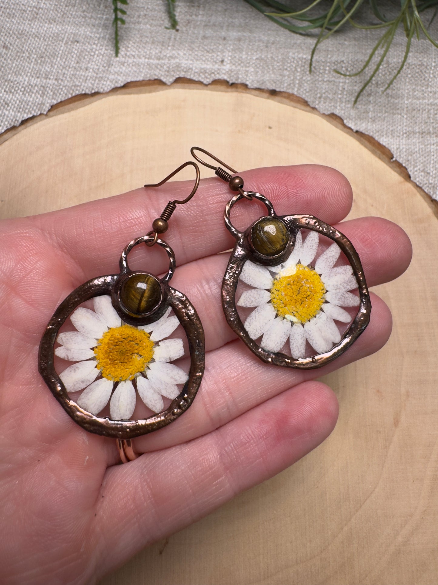 Starlithe- Tigers Eye and Flower Earrings