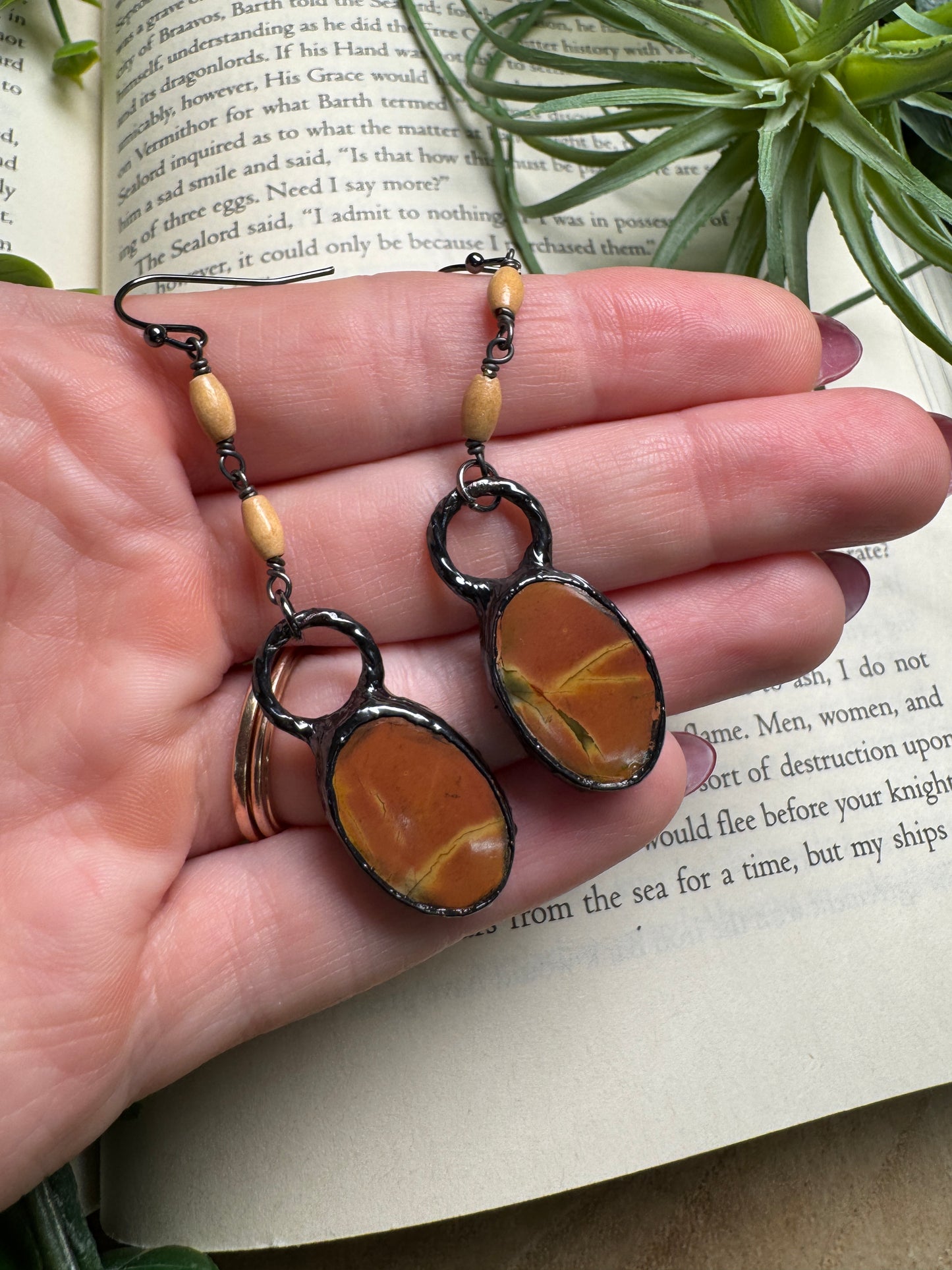 Jasper and Wood Dangle Earrings