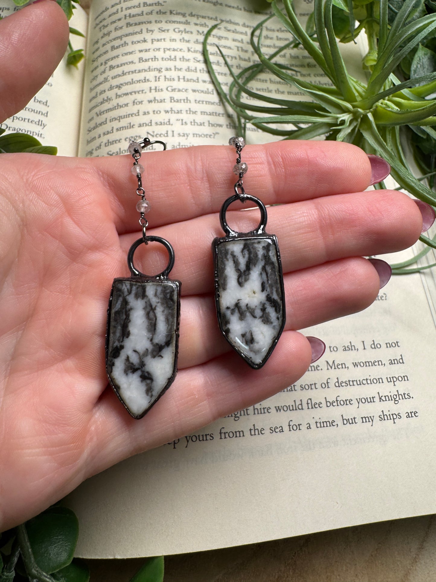 Zebra Jasper and Black Rutile Quartz Dangle Earrings