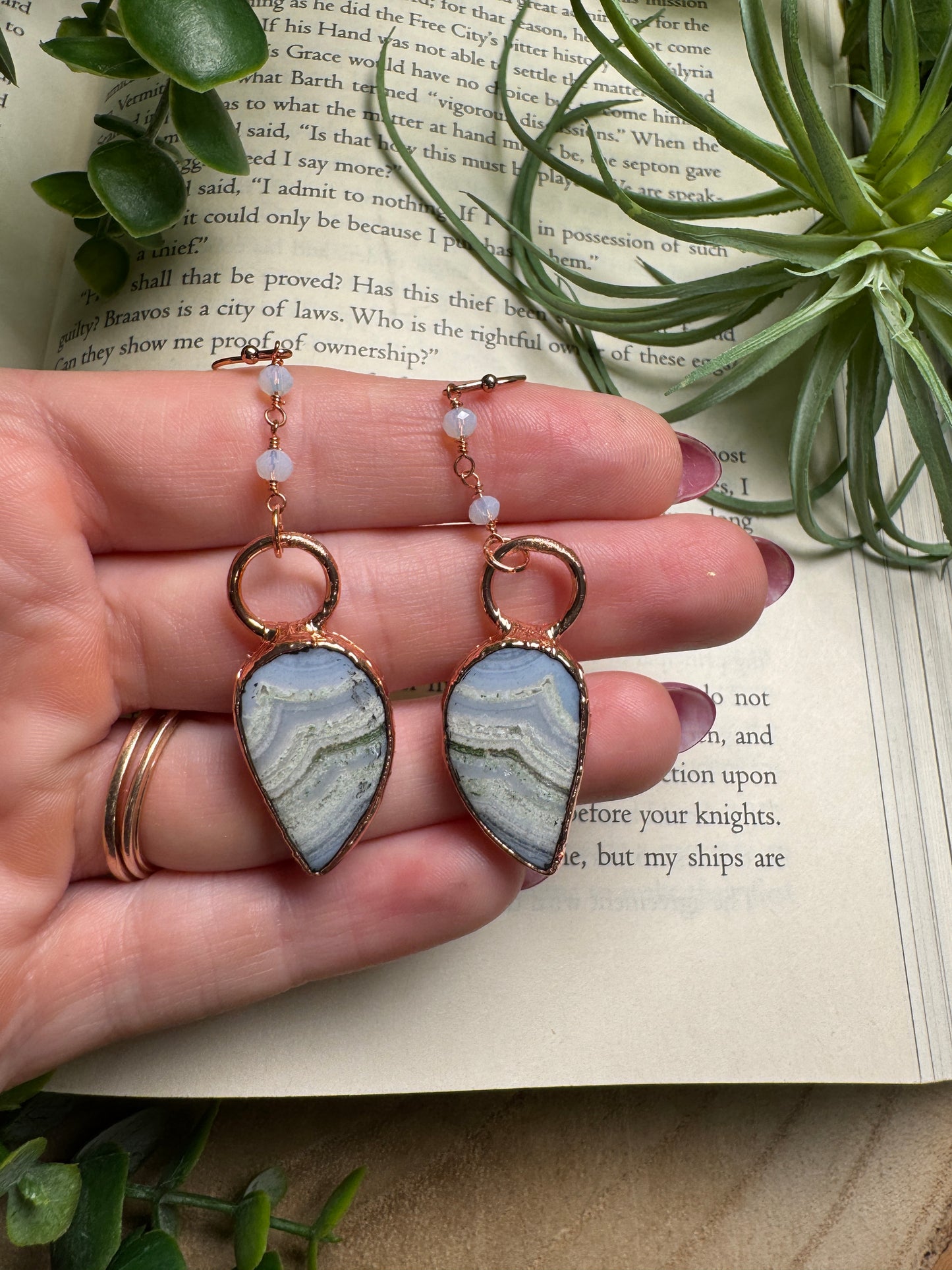 Blue Lace Agate and Opalite Dangle Earrings