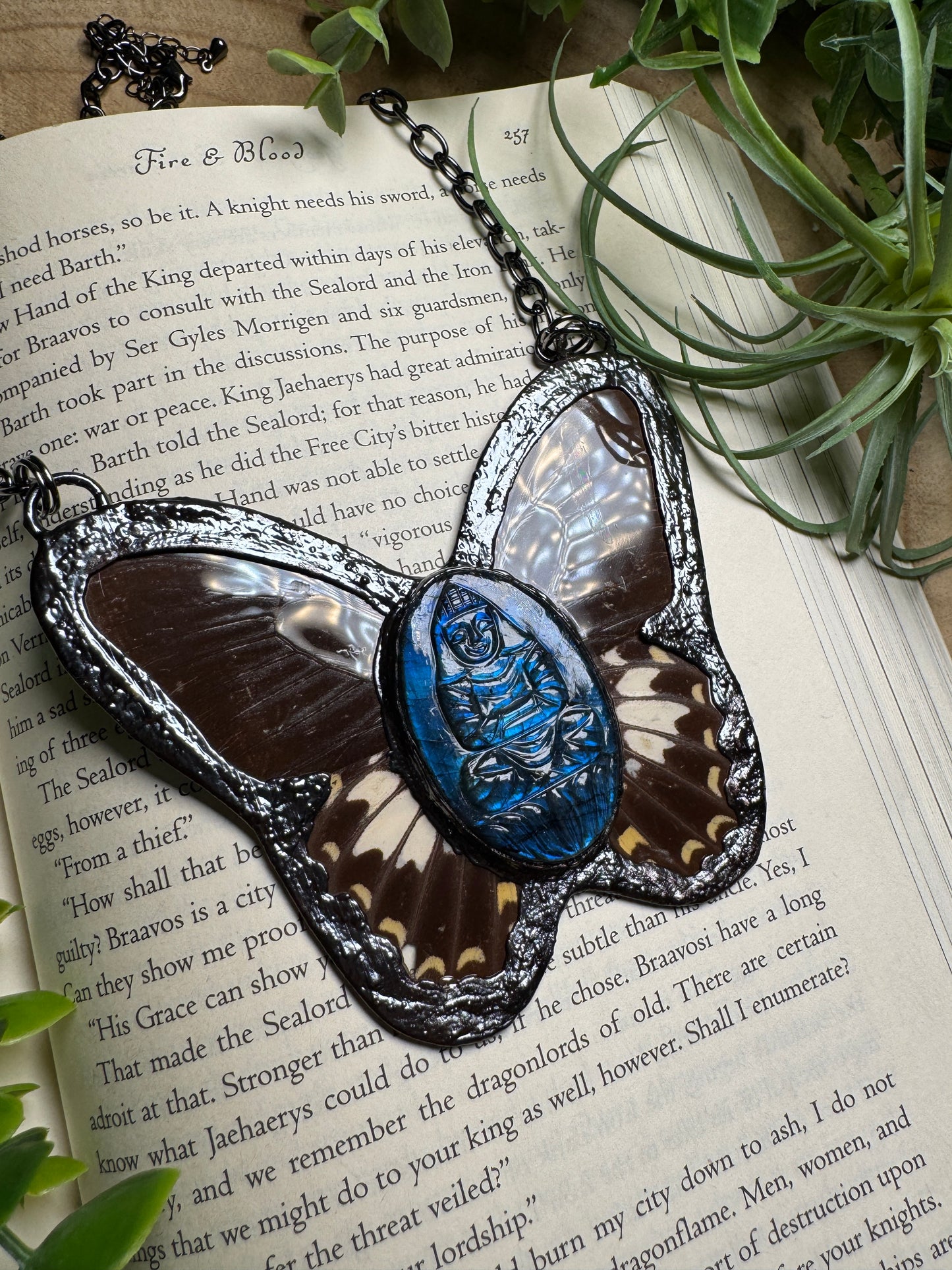 Labradorite Buddha and Butterfly Wing Statement Necklace