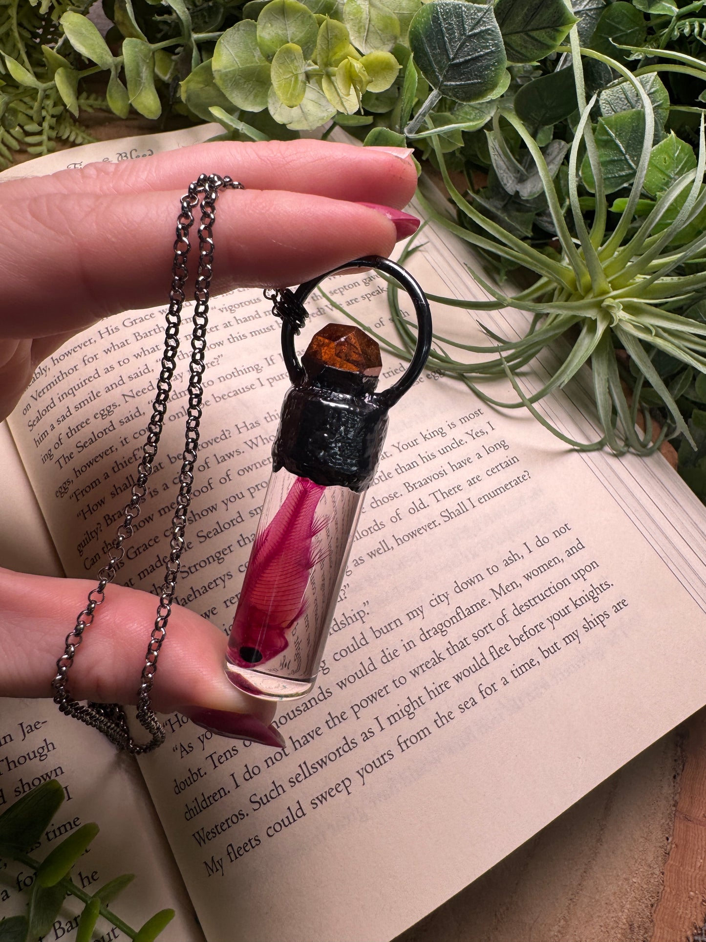 Diaphonized Minnow Wet Specimen with Orange Garnet Necklace