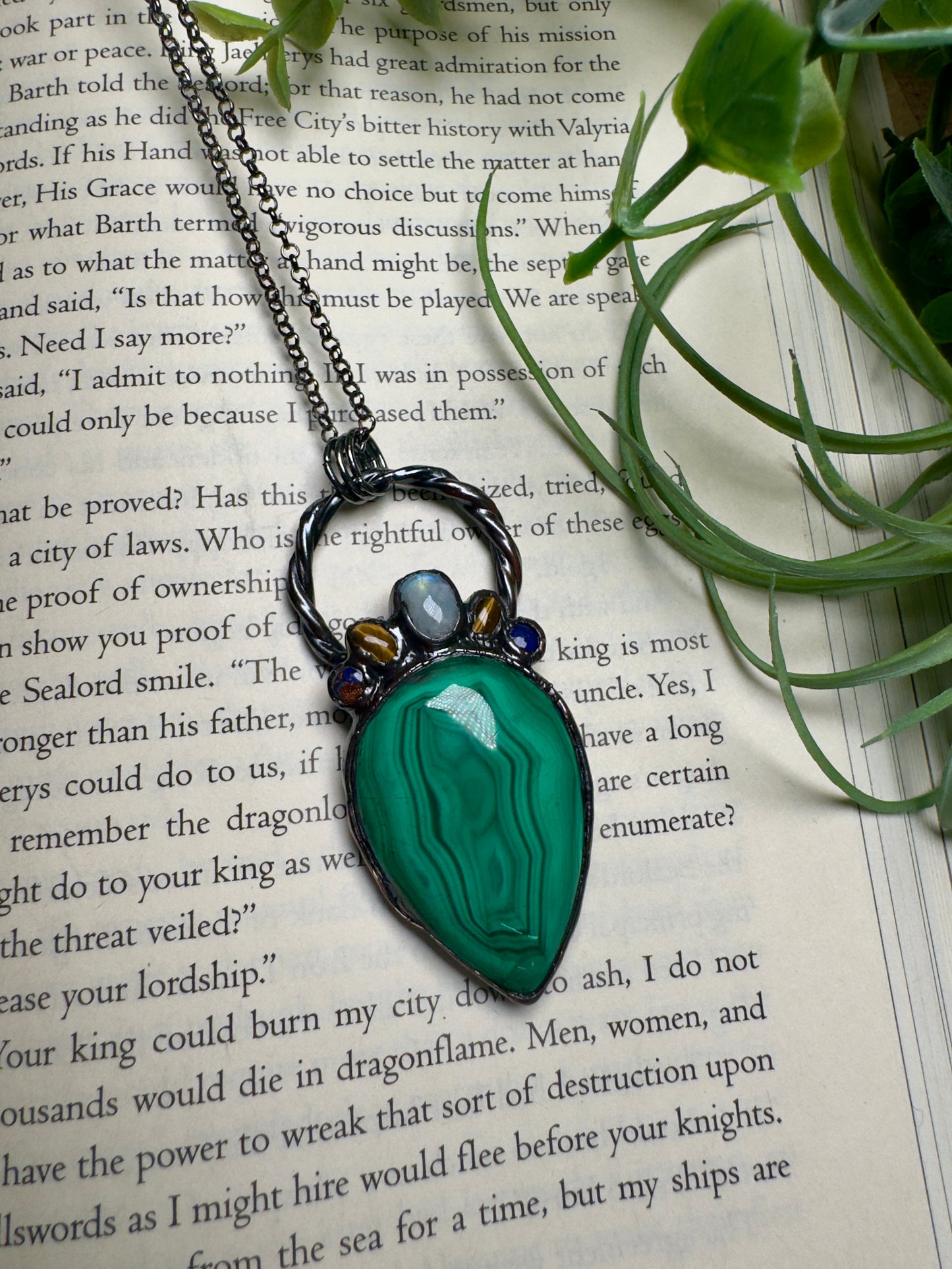 Dark Princess Necklace with Malachite, Moonstone, Tigers Eye, and Lapis