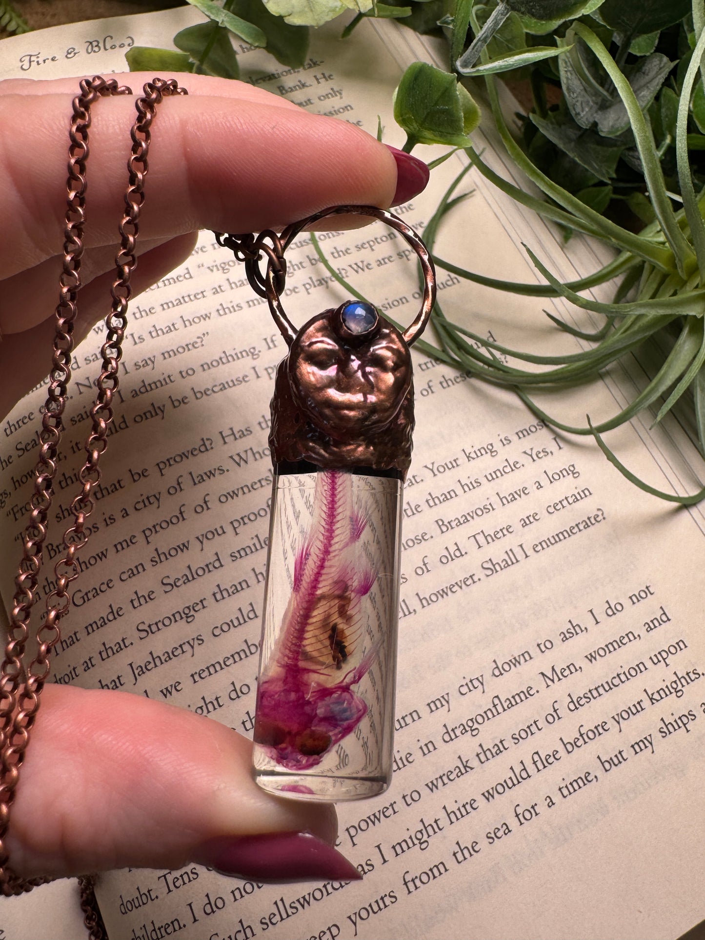 Diaphonized Minnow Wet Specimen with Moonstone Goddess Necklace
