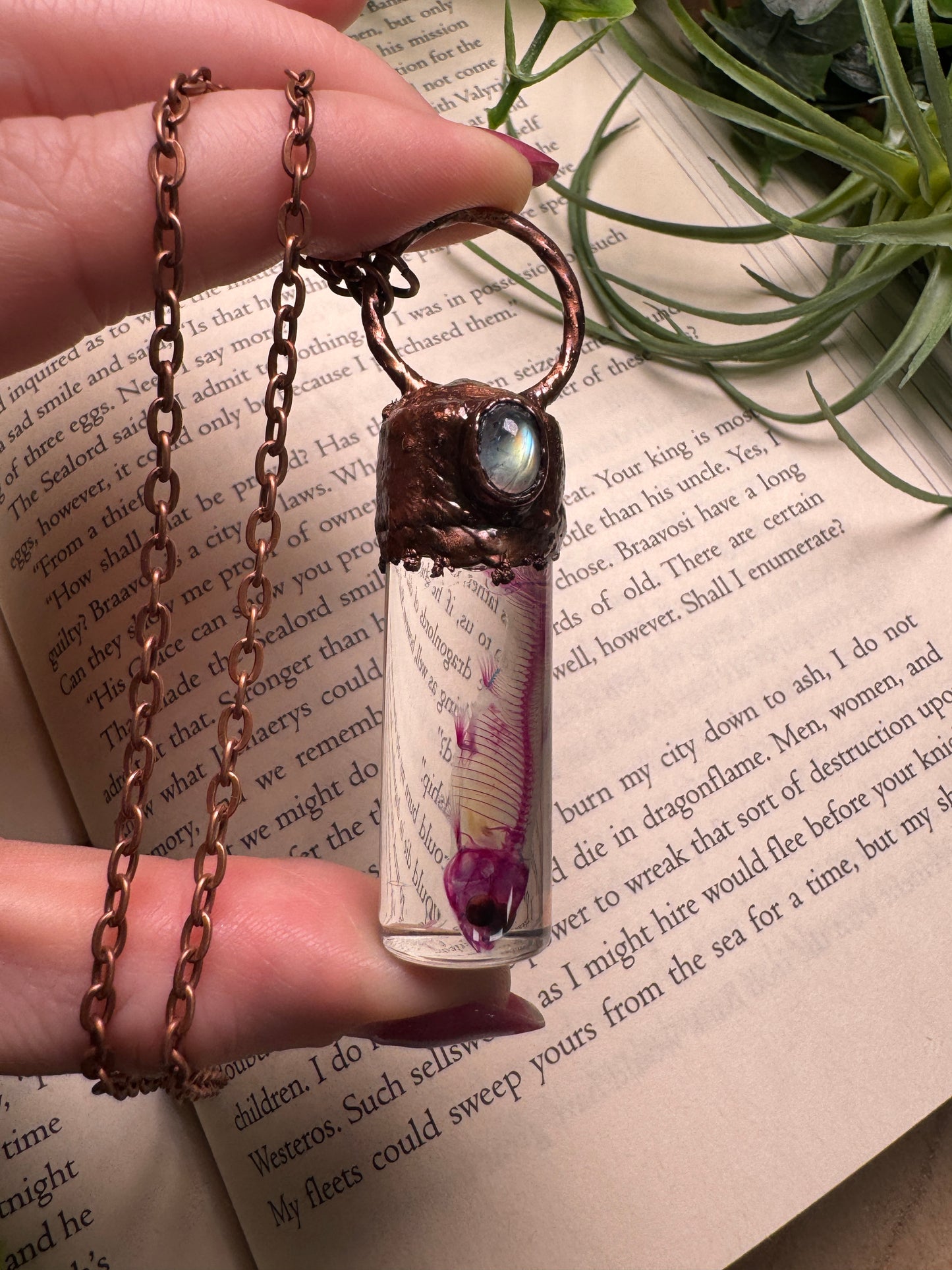Diaphonized Minnow Wet Specimen with Moonstone Necklace