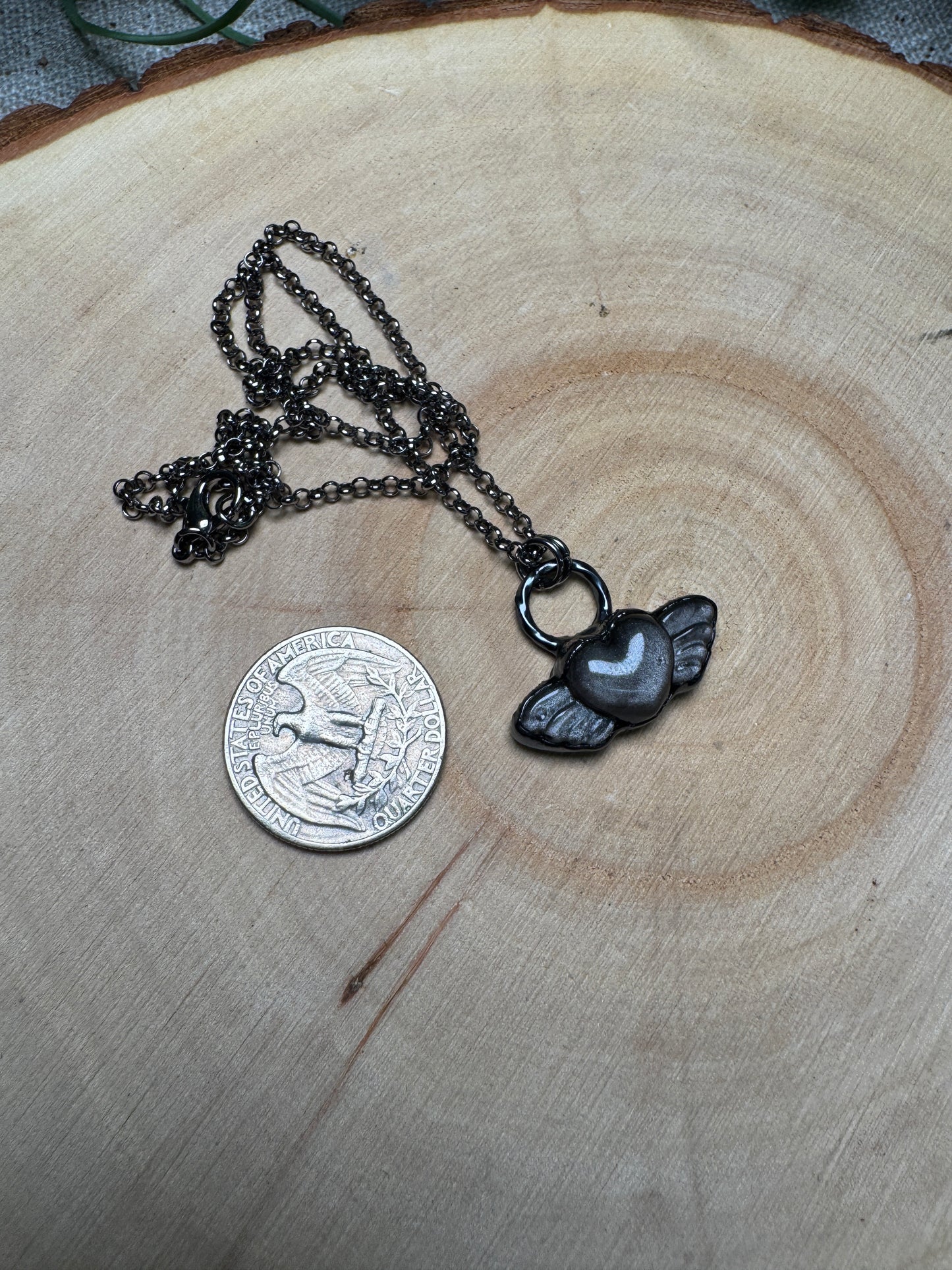 Silver Sheen Obsidian Heart with Wings Necklace