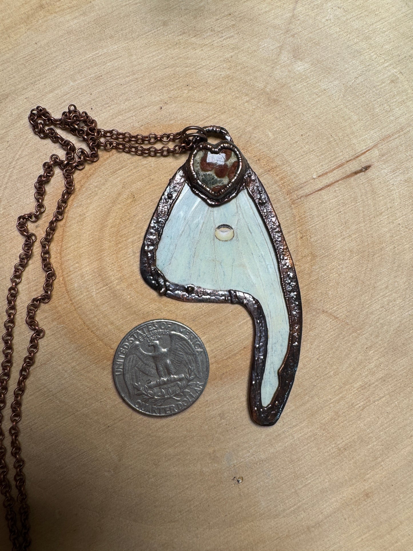 Luna Moth Wing and Rainforest Jasper Heart Necklace