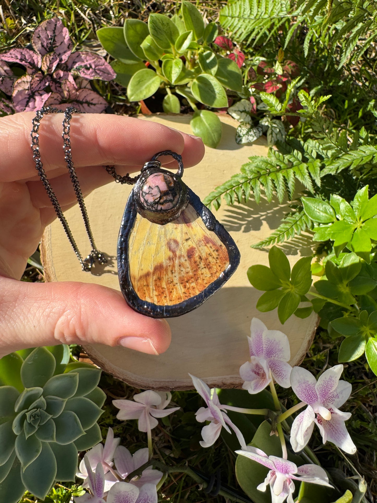 Rhodonite and Imperial Moth Wing Necklace
