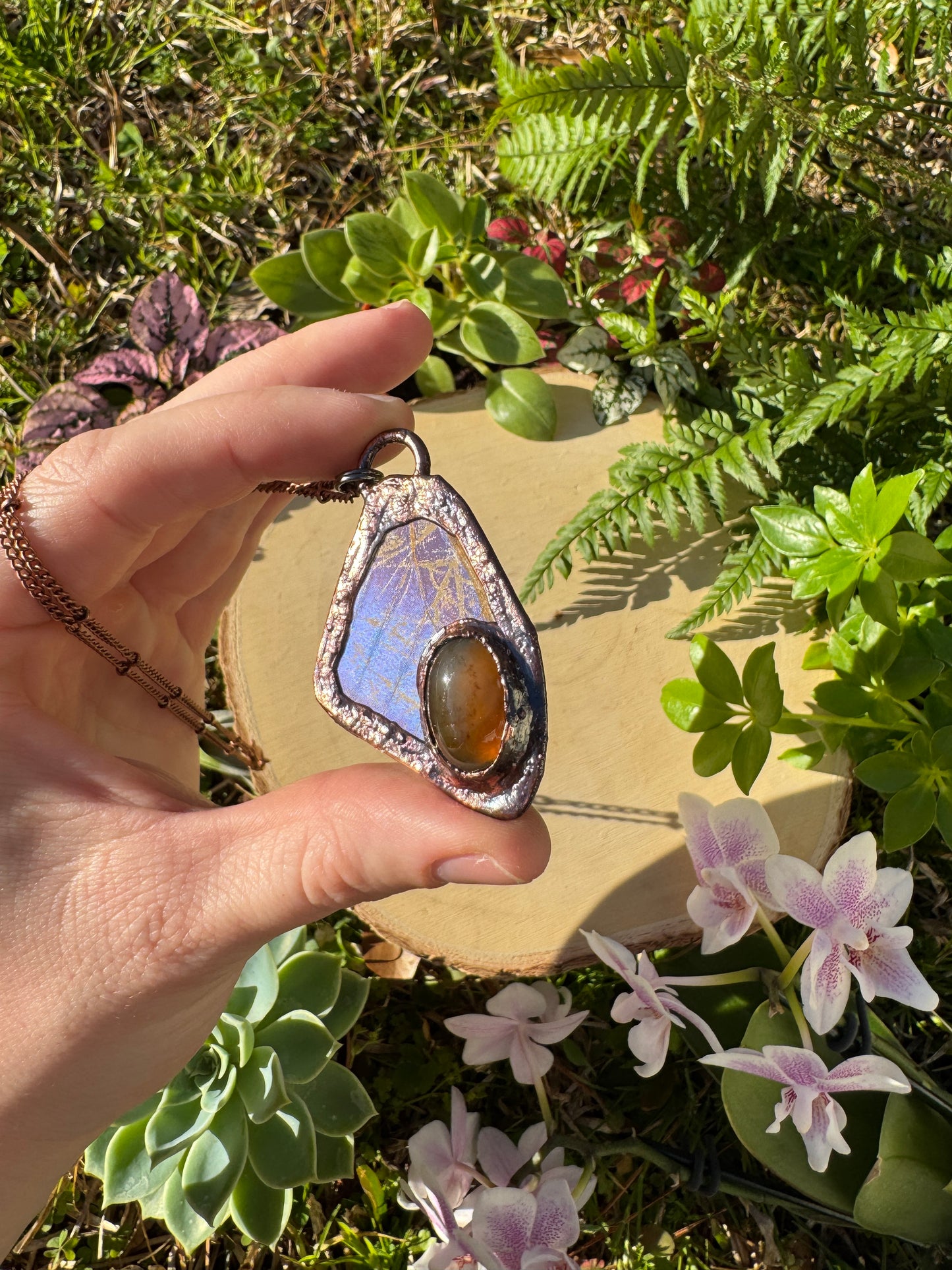Agate and Blue Morpho Butterfly Wing Necklace