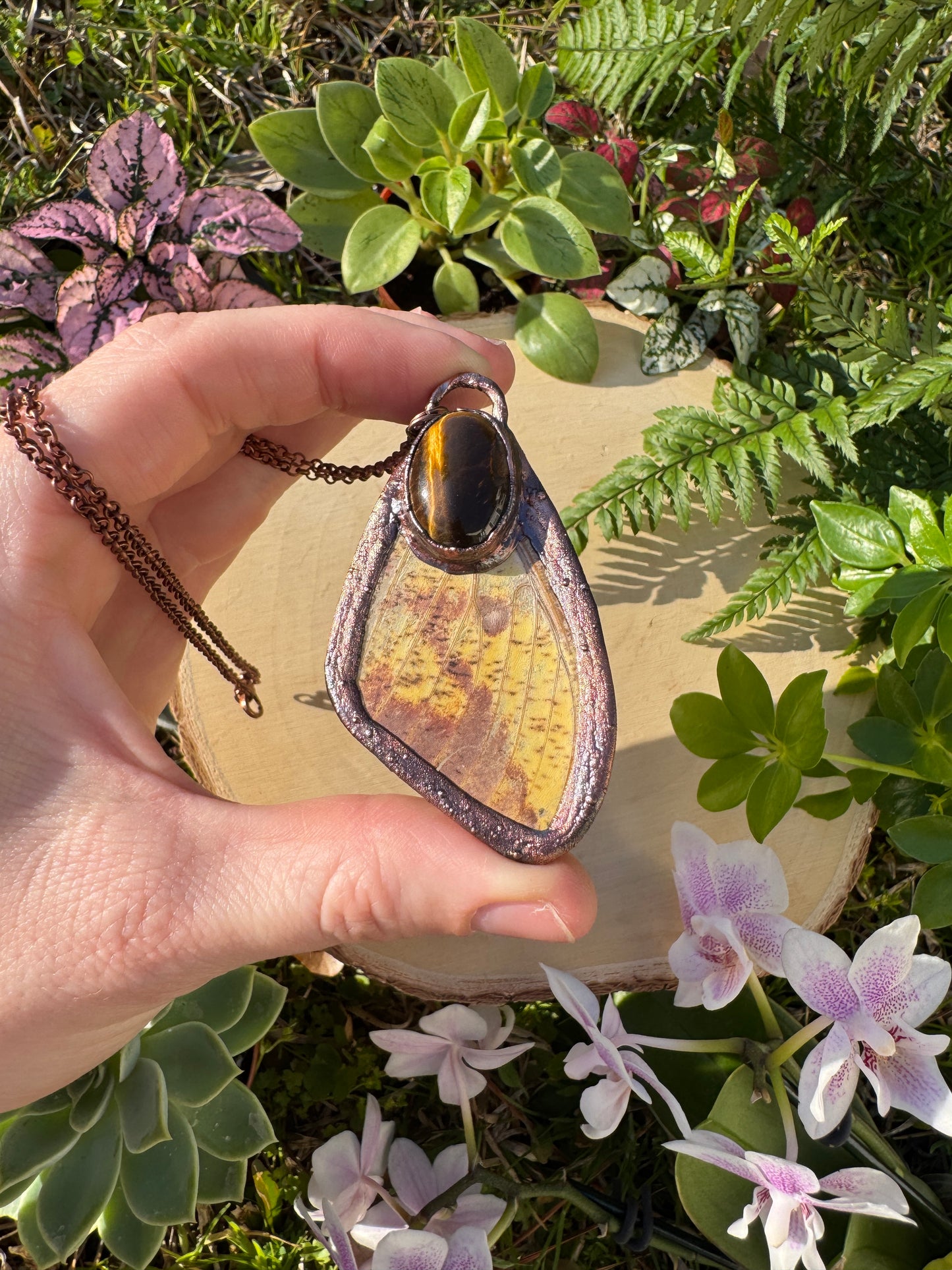 Tigers Eye and Imperial Moth Wing Necklace