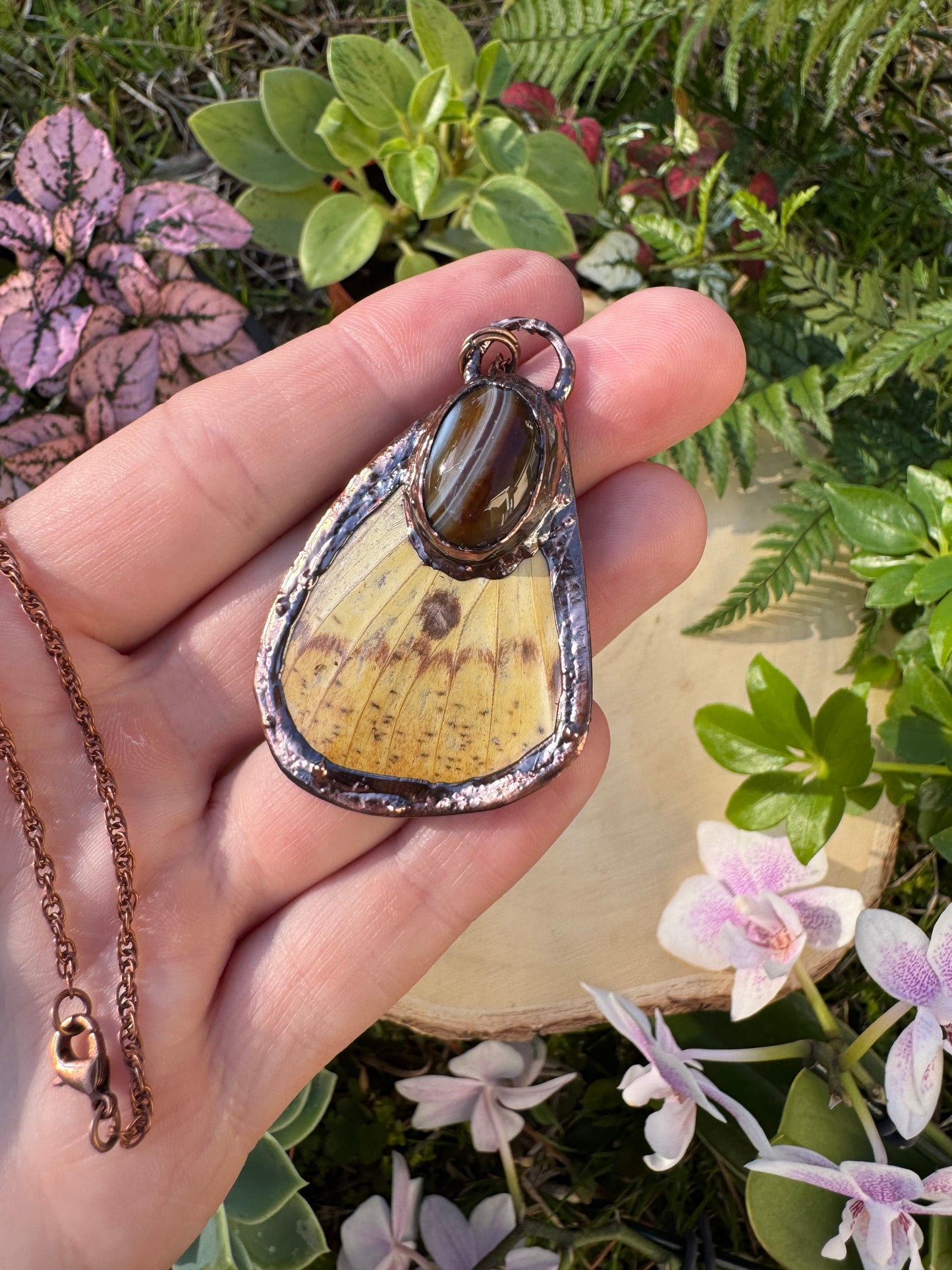 Agate and Imperial Moth Wing Necklace