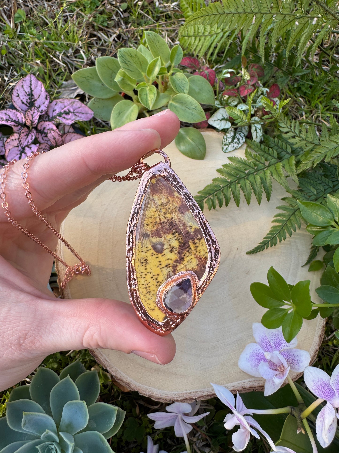 Amethyst and Imperial Moth Wing Necklace