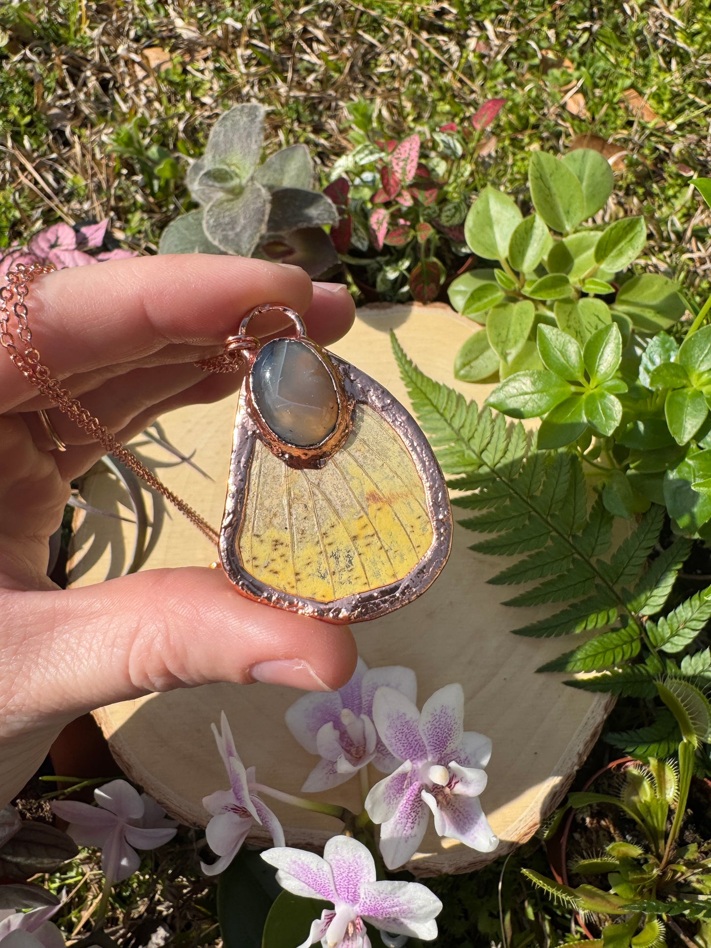 Agate and Imperial Moth Wing Necklace