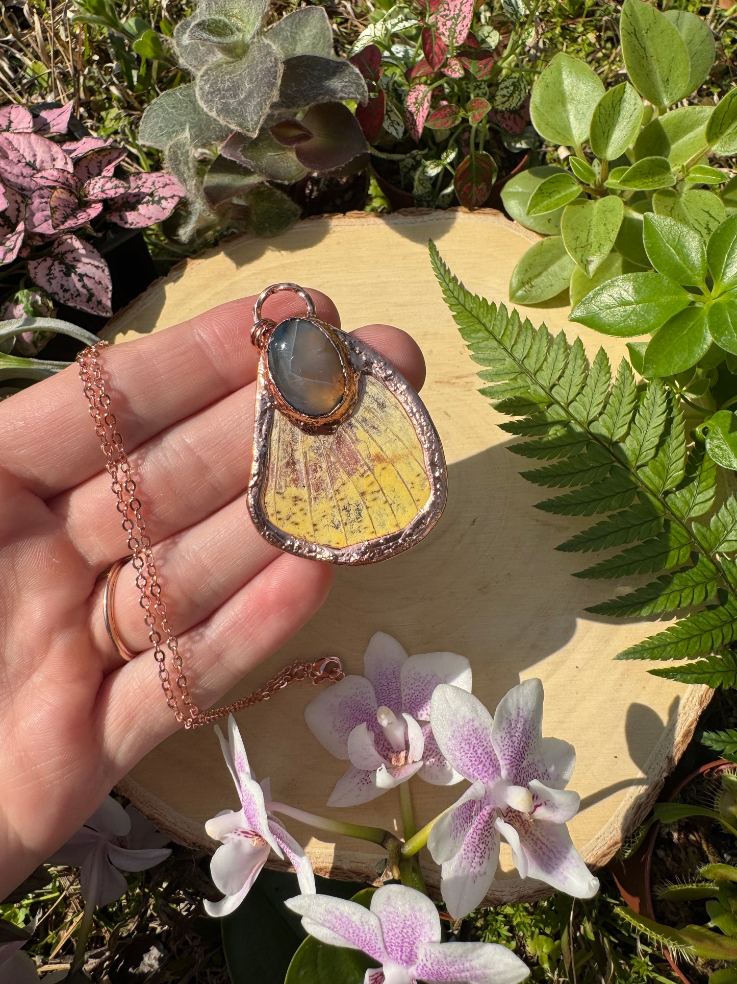 Agate and Imperial Moth Wing Necklace