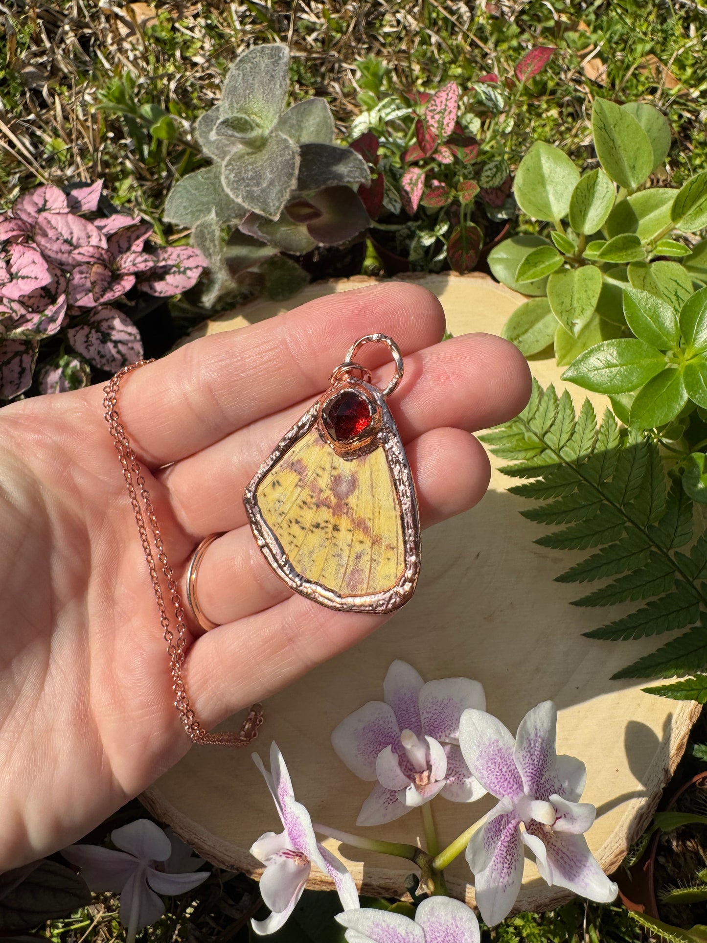 Orange Garnet and Imperial Moth Wing Necklace