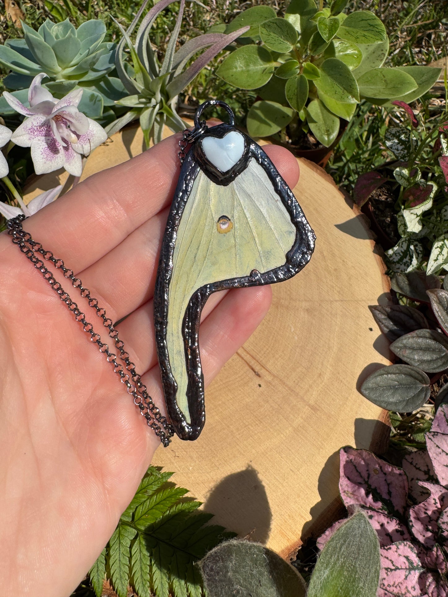 Blue Chalcedony Heart and Luna Moth Wing Necklace