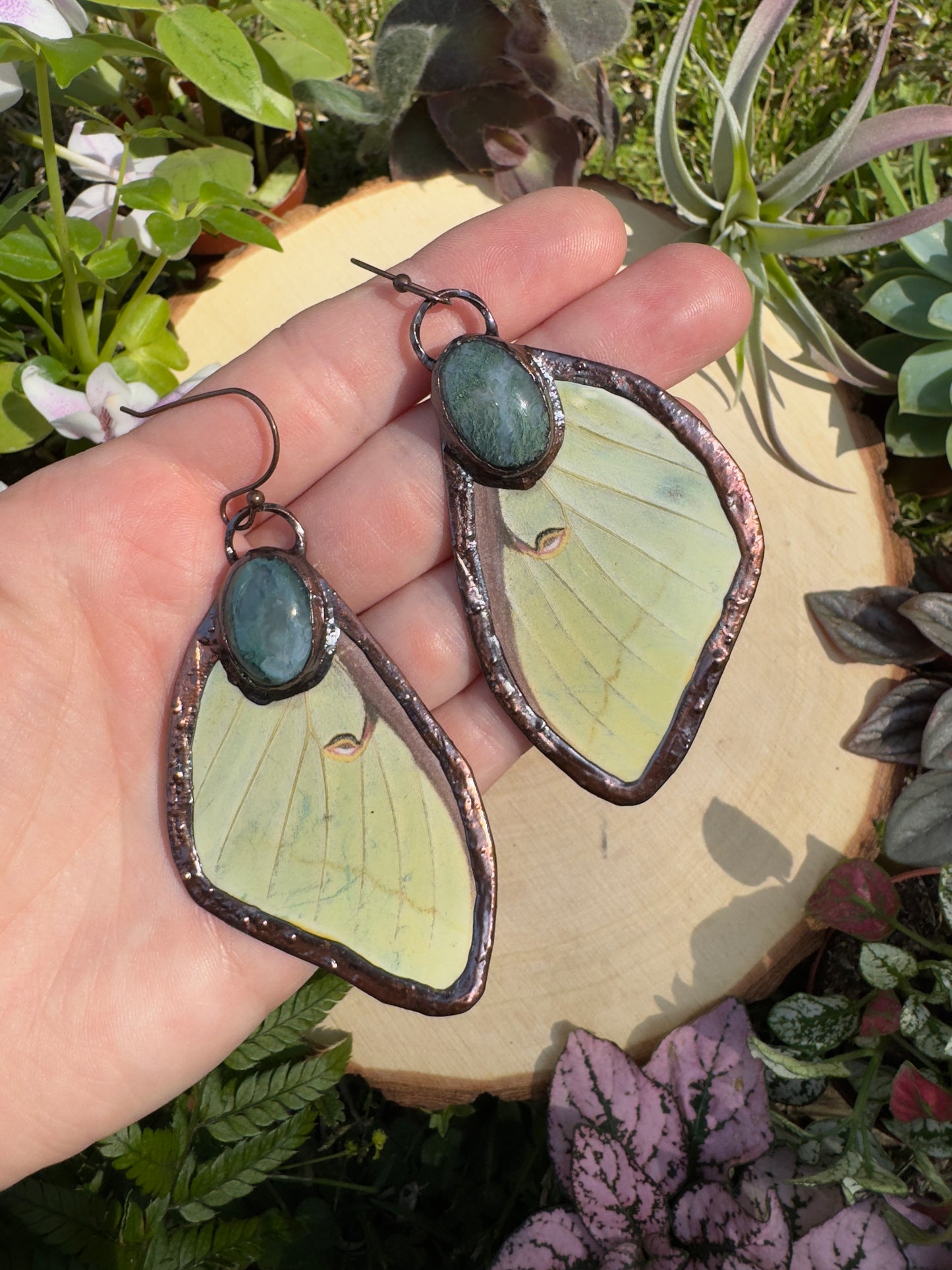 Moss Agate and Luna Moth Wing Earrings