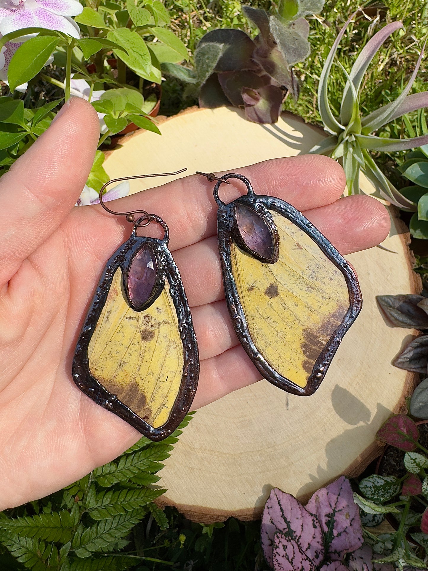 Amethyst and Imperial Moth Wing Earrings