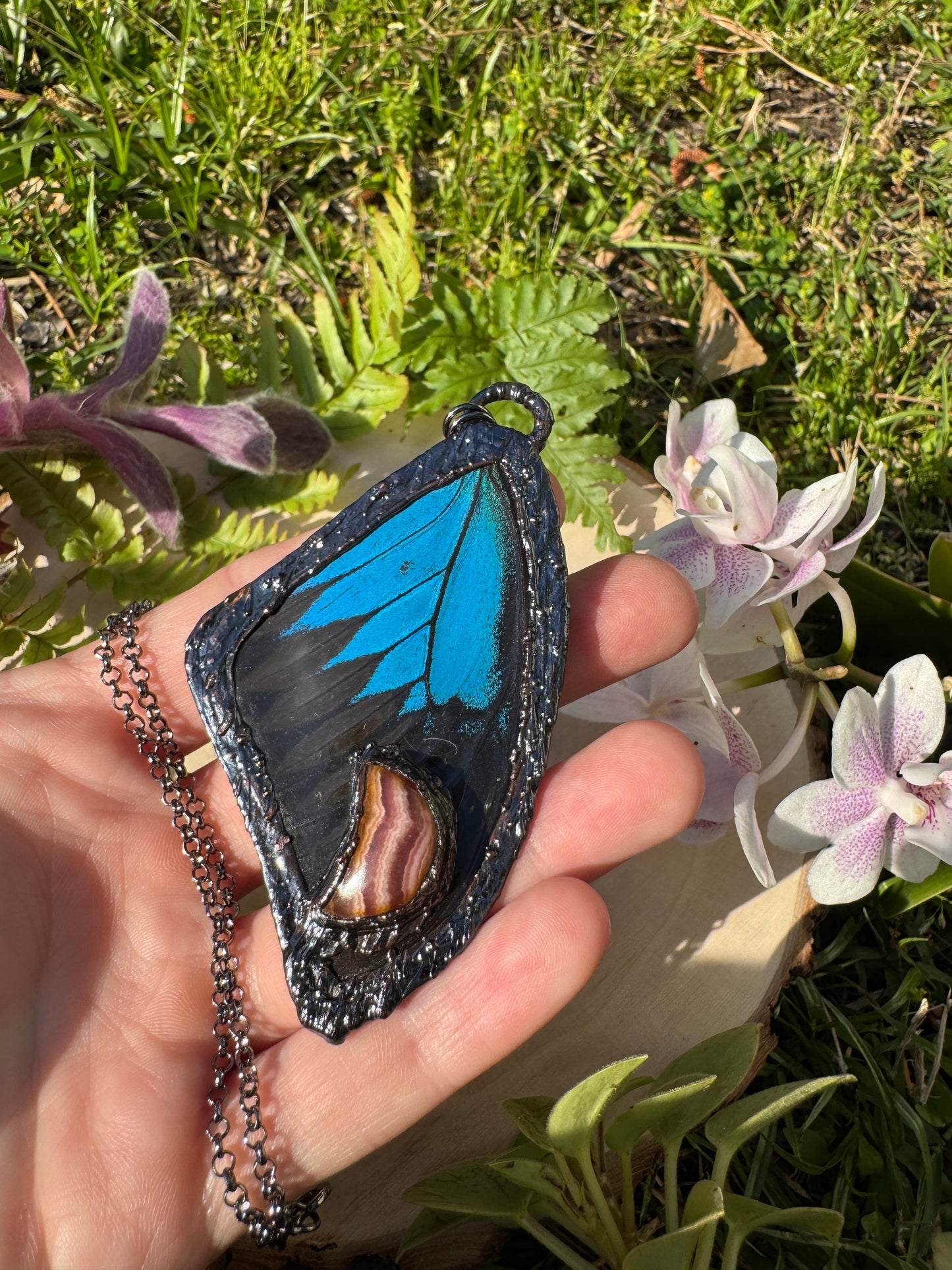 Rhodochrosite Moon and Butterfly Wing Necklace