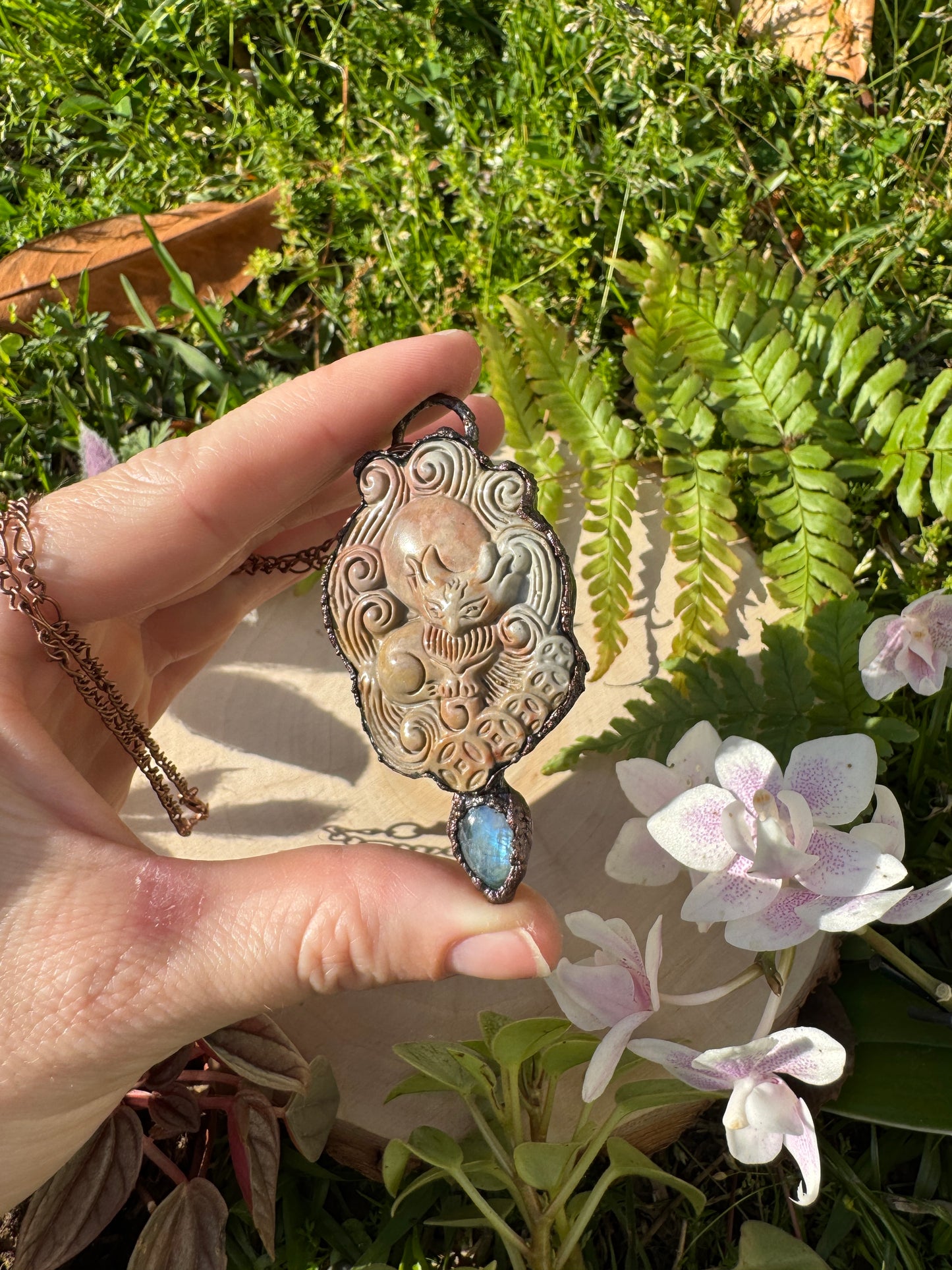 Moonstone and Polychrome Jasper Nine-Tailed Fox Necklace
