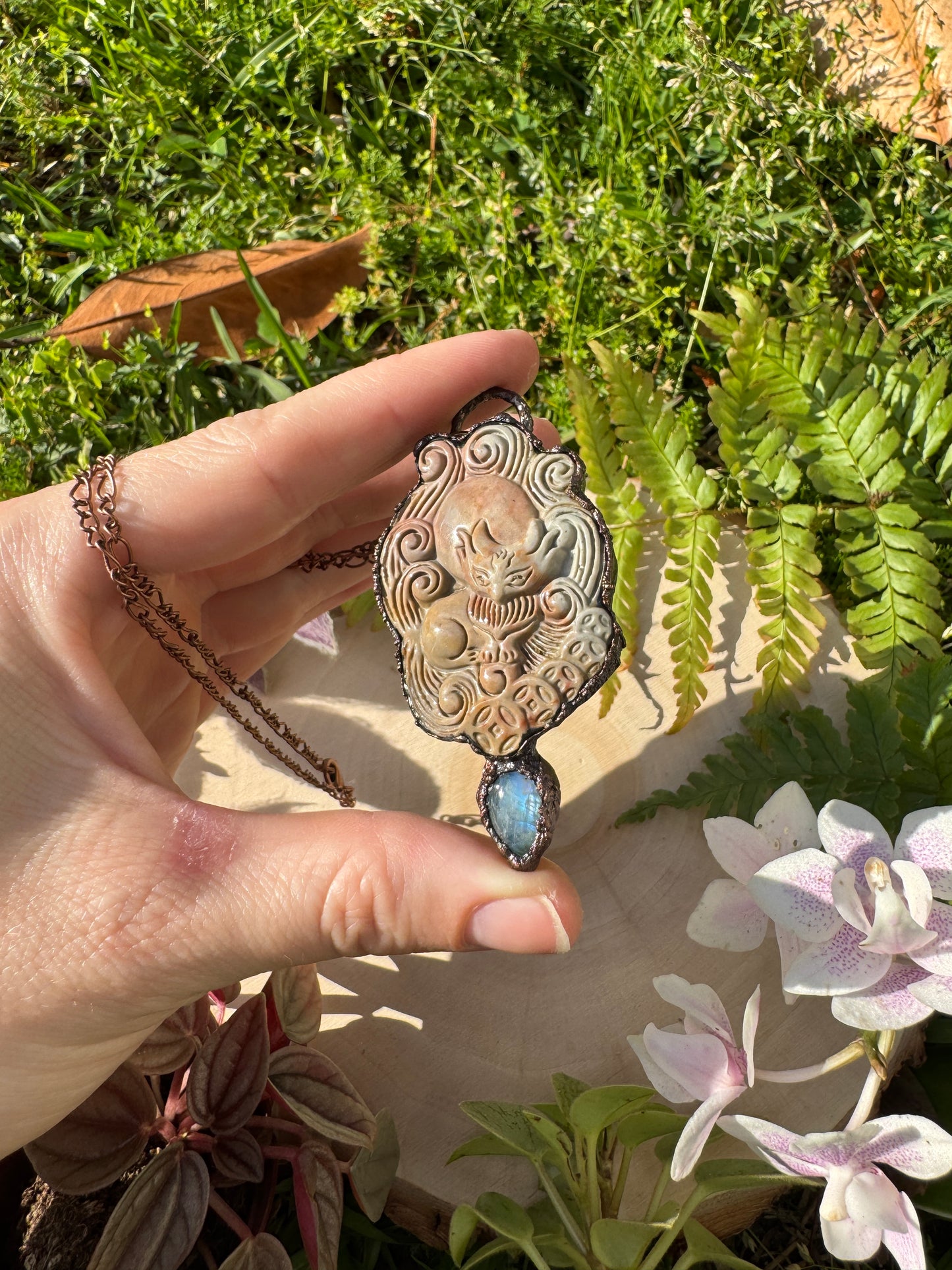 Moonstone and Polychrome Jasper Nine-Tailed Fox Necklace