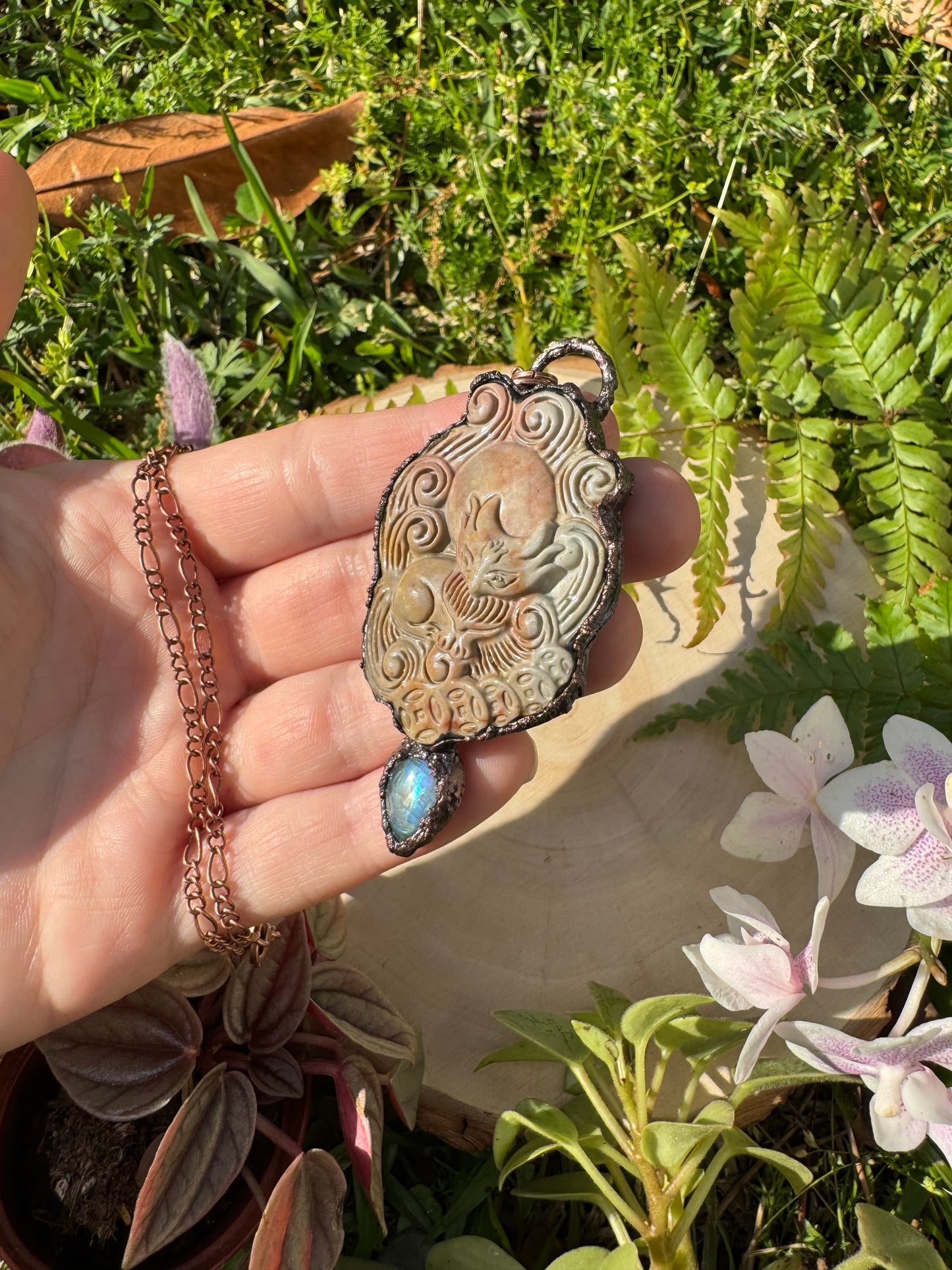 Moonstone and Polychrome Jasper Nine-Tailed Fox Necklace