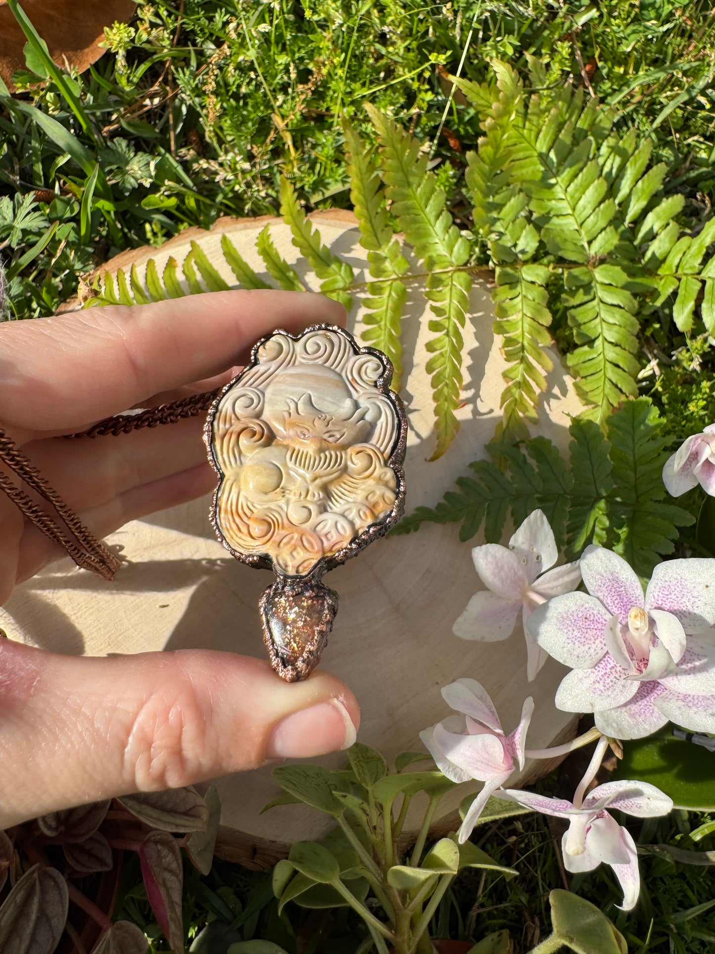 Sunstone and Polychrome Jasper Nine-Tailed Fox Necklace