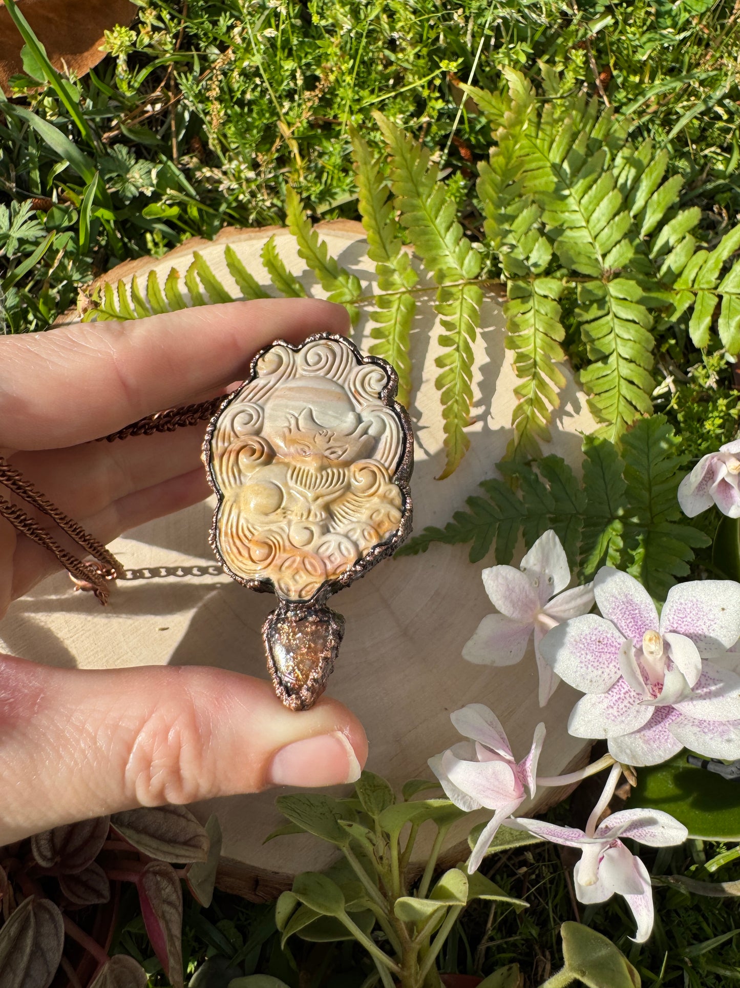 Sunstone and Polychrome Jasper Nine-Tailed Fox Necklace