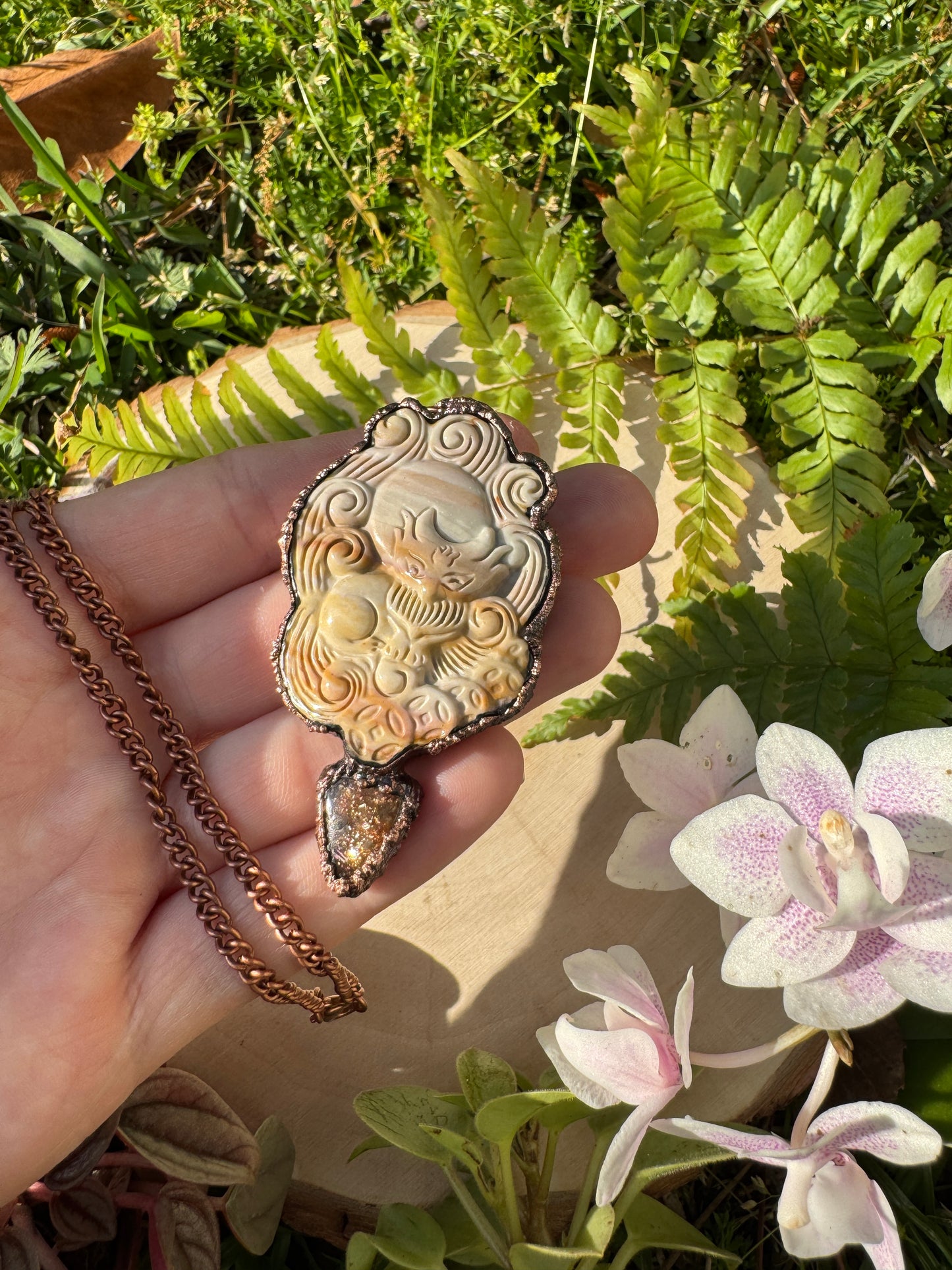 Sunstone and Polychrome Jasper Nine-Tailed Fox Necklace