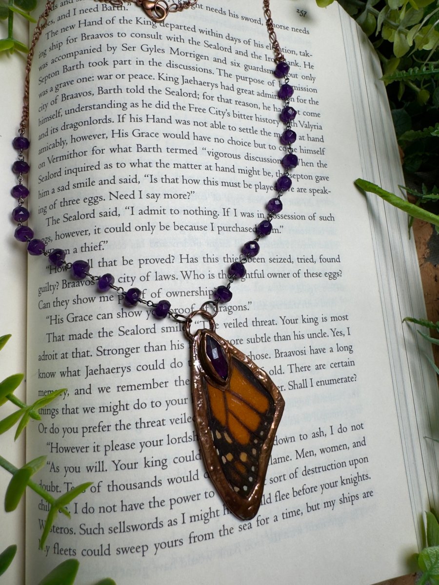 Amethyst and Butterfly Wing Necklace with Amethyst Beaded Chain | Copper Ashes