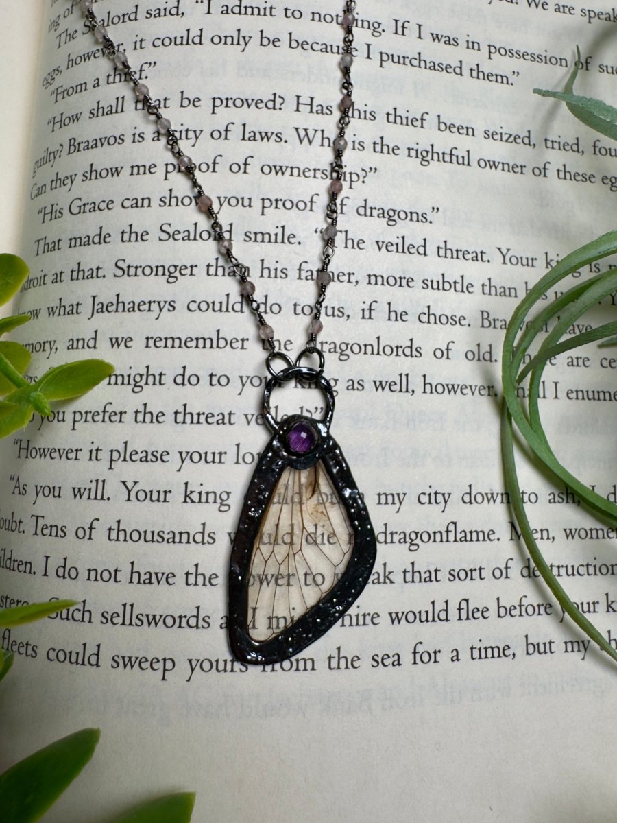 Amethyst and Cicada Wing Necklace with Strawberry Quartz Beaded Chain | Copper Ashes