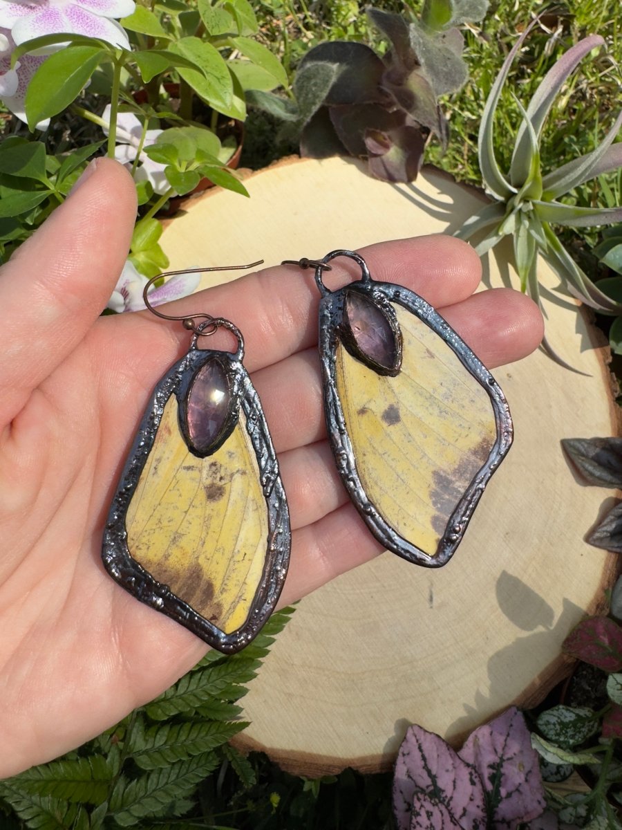 Amethyst and Imperial Moth Wing Earrings | Copper Ashes