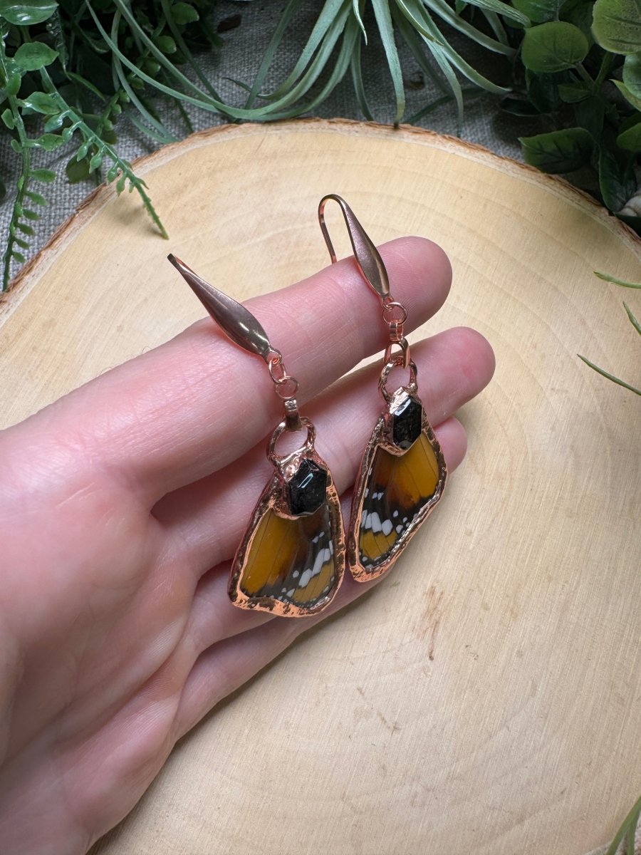 Black Rutile Quartz and Butterfly Wing Earrings | Copper Ashes
