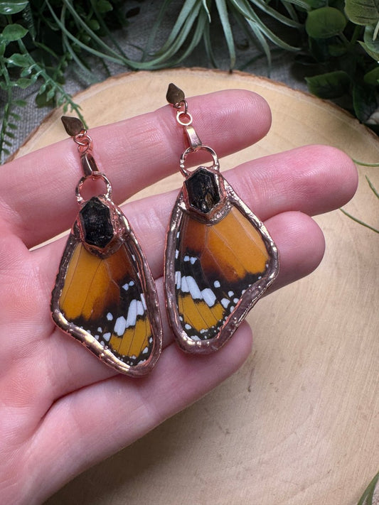 Black Rutile Quartz and Butterfly Wing Earrings | Copper Ashes