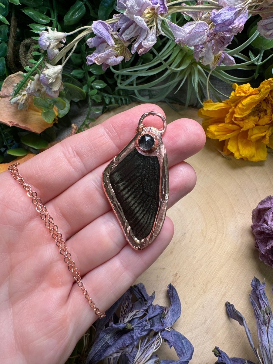 Black Rutile Quartz and Butterfly Wing Necklace | Copper Ashes